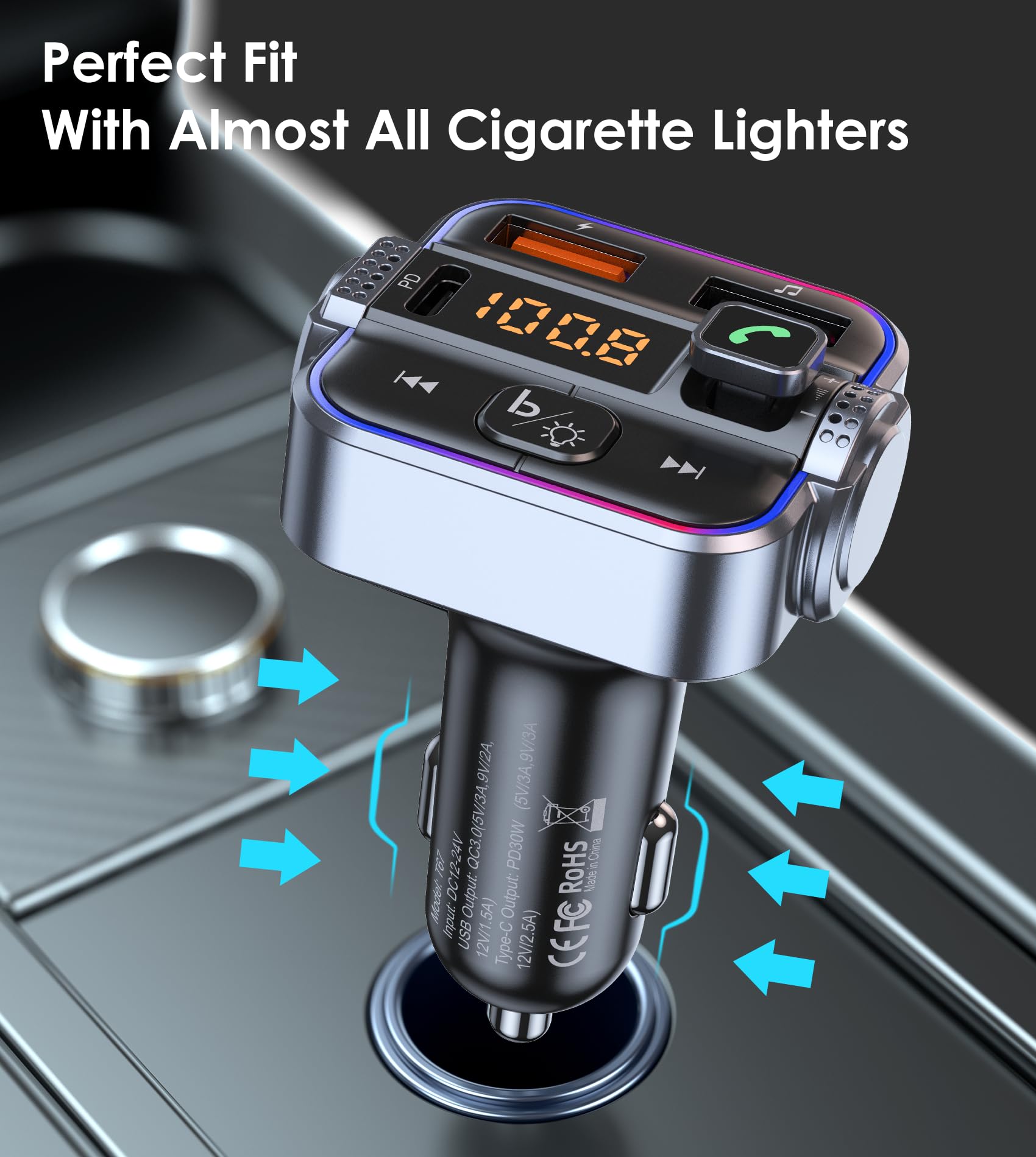 Tsnam Transmisor FM Bluetooth 5.3 para coche, receptor de radio inalámbrico con manos libres y micrófono dual, cargador rápido PD de 30 W y QC3.0