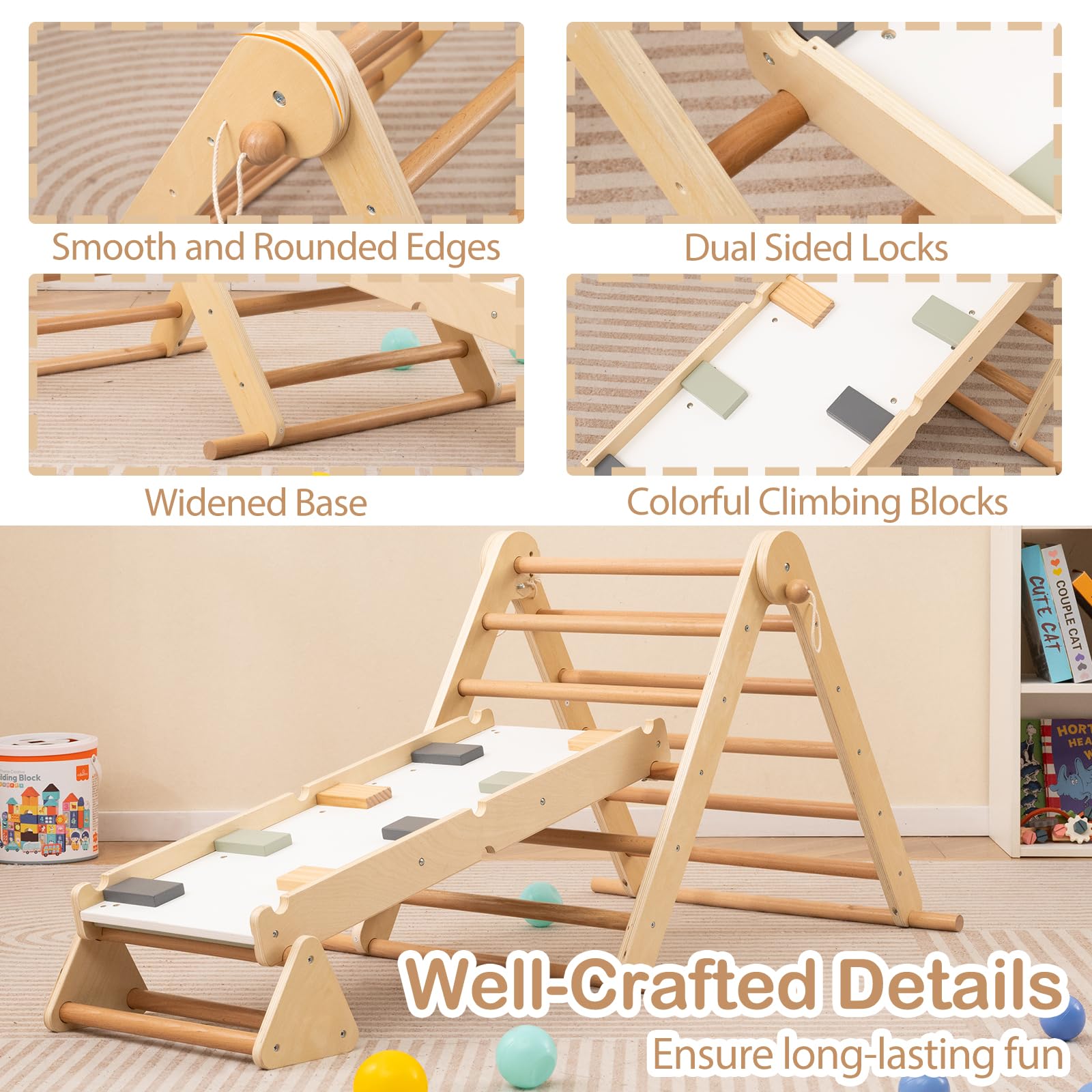 HOMASIS 3 in 1 Kletterdreieck mit Kletterleiter & Wippe, Holz Klettergerüst Indoor mit doppelseitiger Rampe, klappbarer Spielplatz zum Klettern Wippen, Sprossendreieck für Kinder ab 3 Jahren, Natur