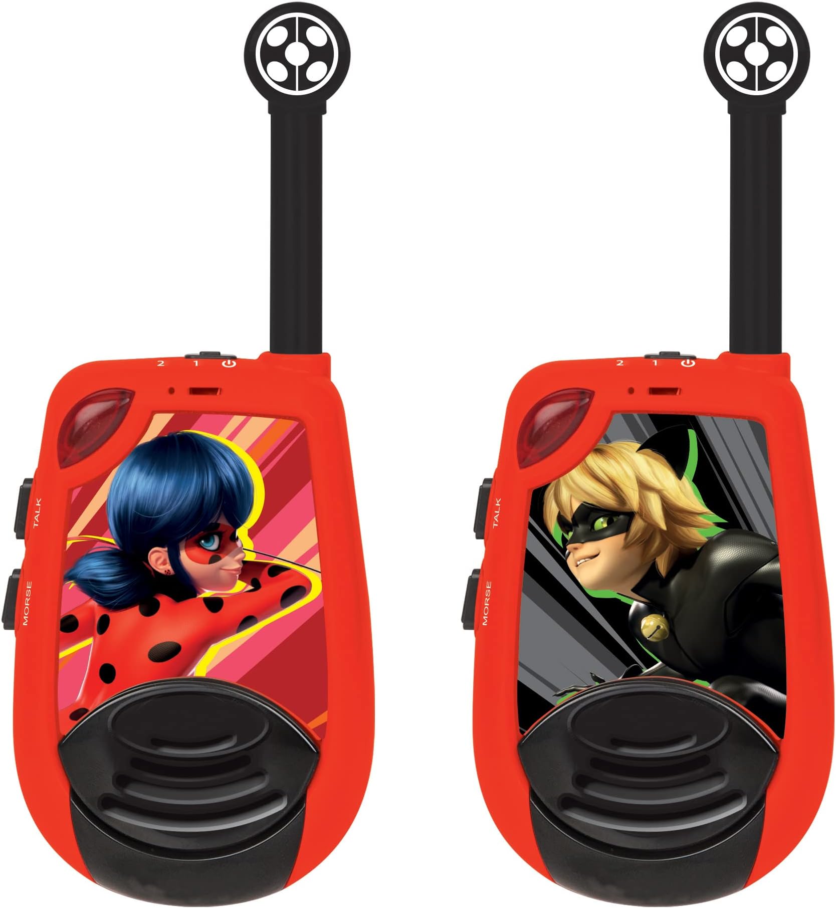 LEXIBOOK, Miraculous Ladybug Cat Noir, Digital Walkie-Talkies for Children, 2 km Transmission Range, Morse Light Function, Belt Clip for Transport, Battery operated, Red, TW25MI