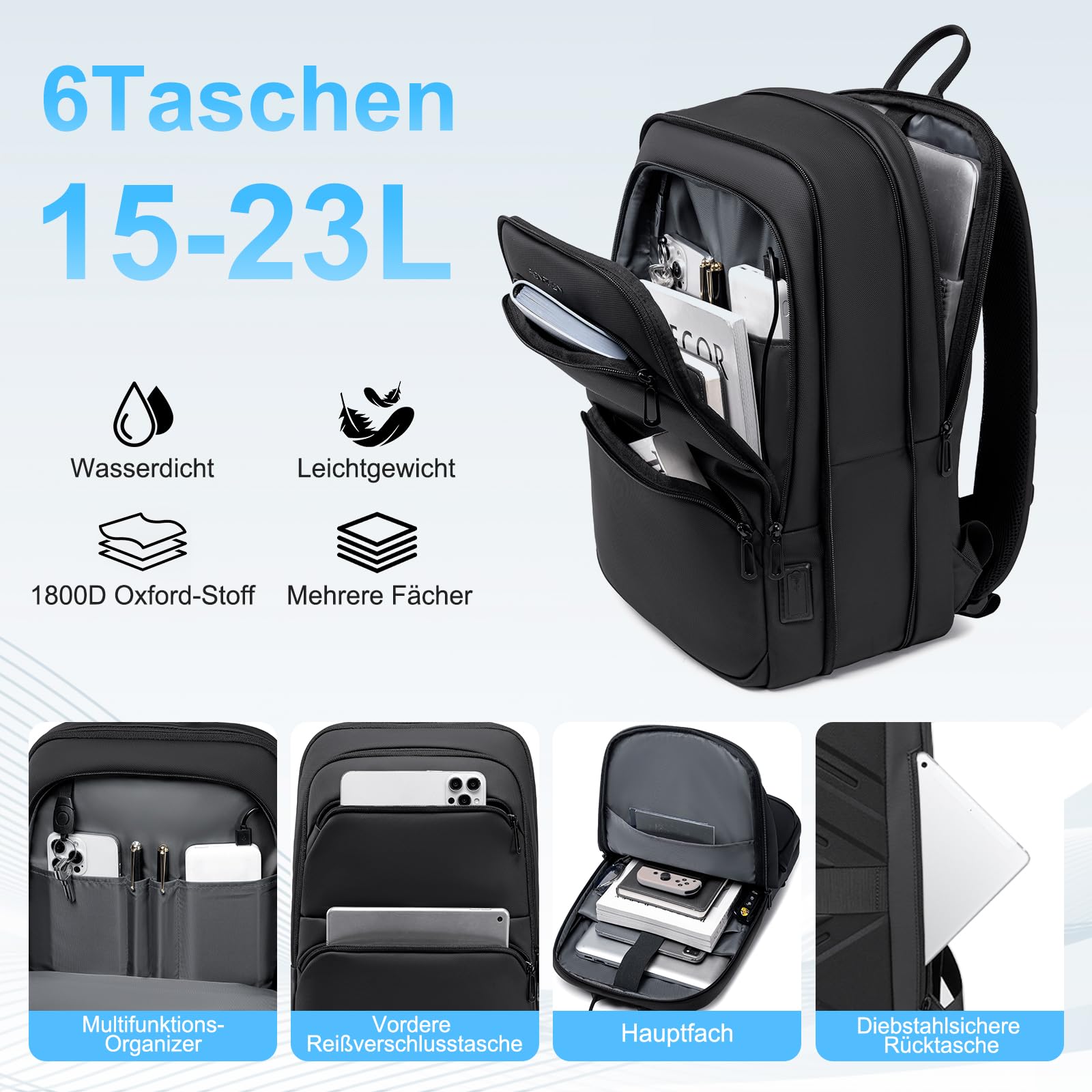 FENRUIEN Leichter Business Rucksack Herren 15.6 Zoll Wasserdicht Notebook Laptop Backpack Erweiterbar 15-23L mit USB-Ladeanschluss für Arbeit Schule, Schwarz