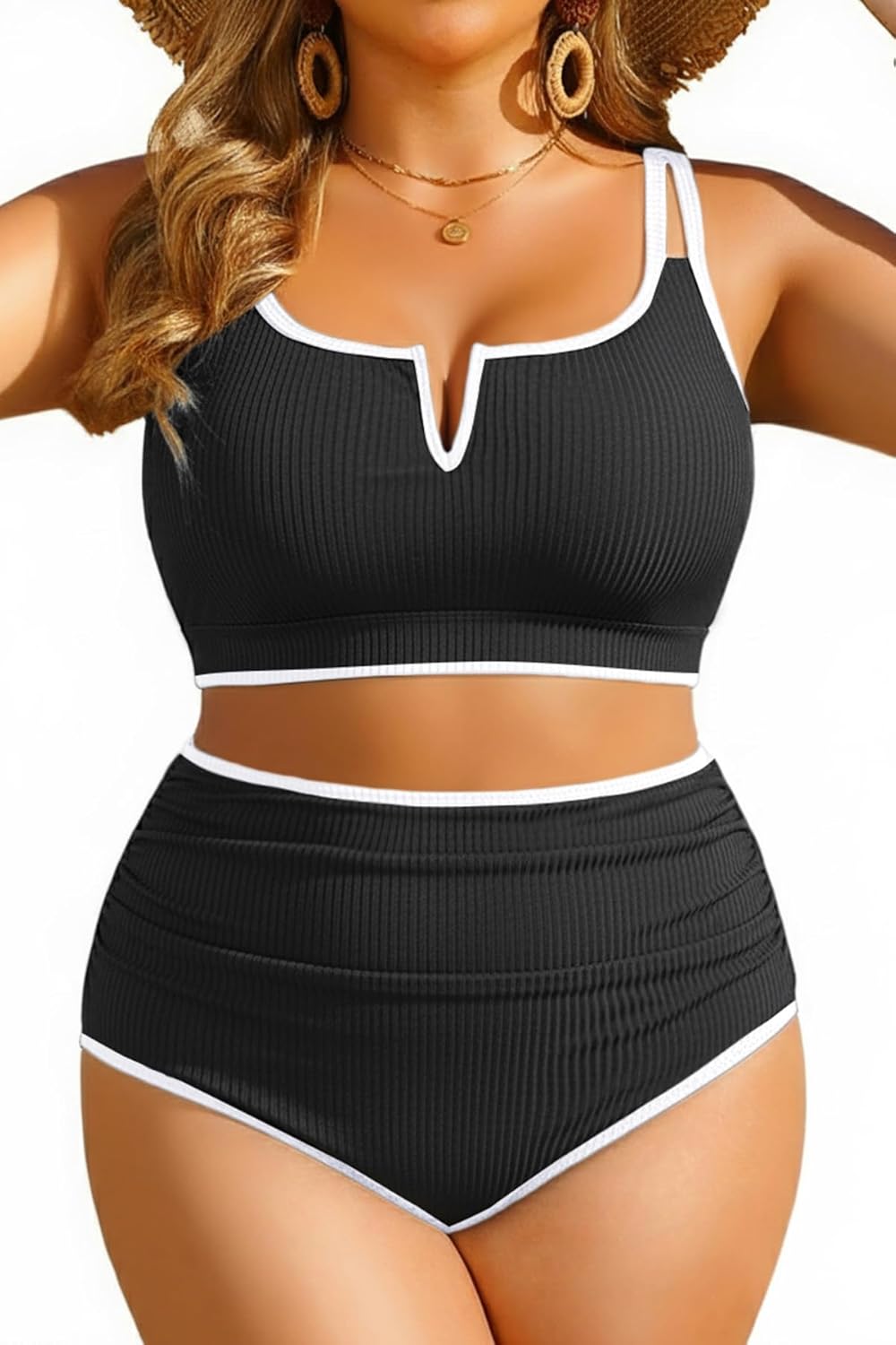 Yonique Women Plus Size High Waisted Bikini - Ribbed Two Piece Swimsuit Tummy Control Bathing Suit V-Wired 2026 Swimwear