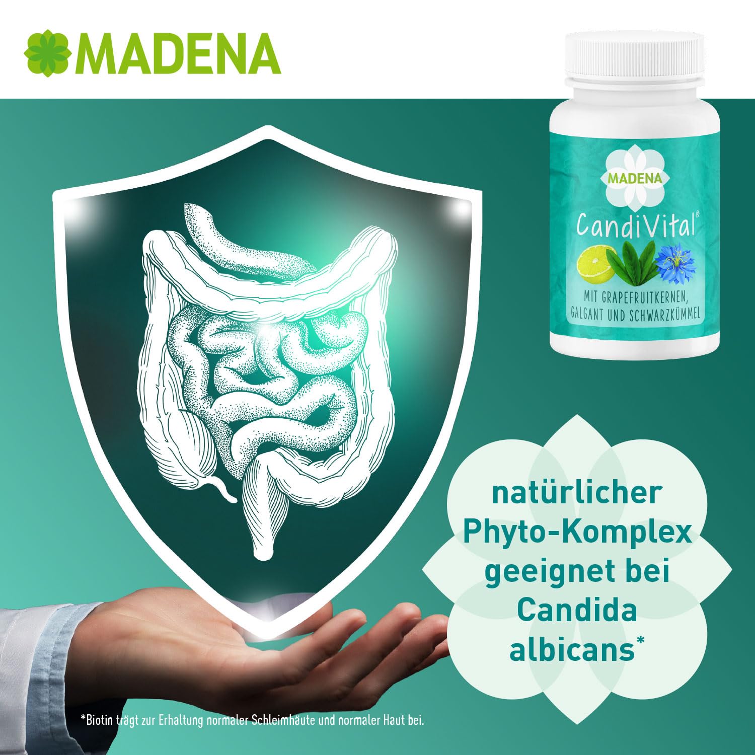 MADENA CandiVital, natürlicher Phyto-Komplex, geeignet bei Candida albicans Candidose Hefepilzinfektion*, mit Caprylsäure hochdosiert, Oregano, Grapefruitkernen und Schwarzkümmel