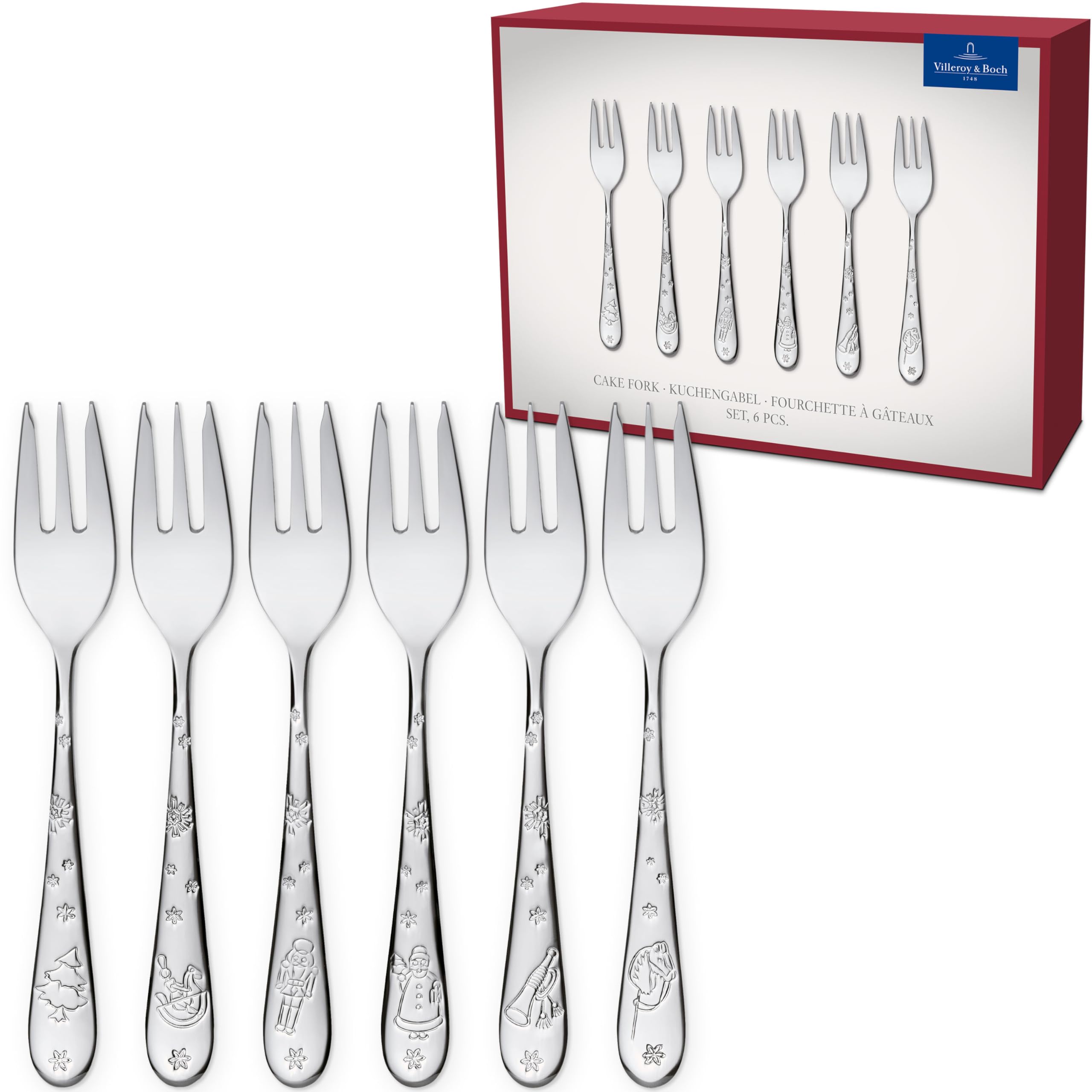 Villeroy & Boch - Toy's Delight Kuchengabel Set 6-teilig Silber, Spülmaschinenfest, Weihnachten, Besteck Platin, Besteckset für 6 Personen, Dessert Gabeln, Kleine Gabeln, Edelstahl