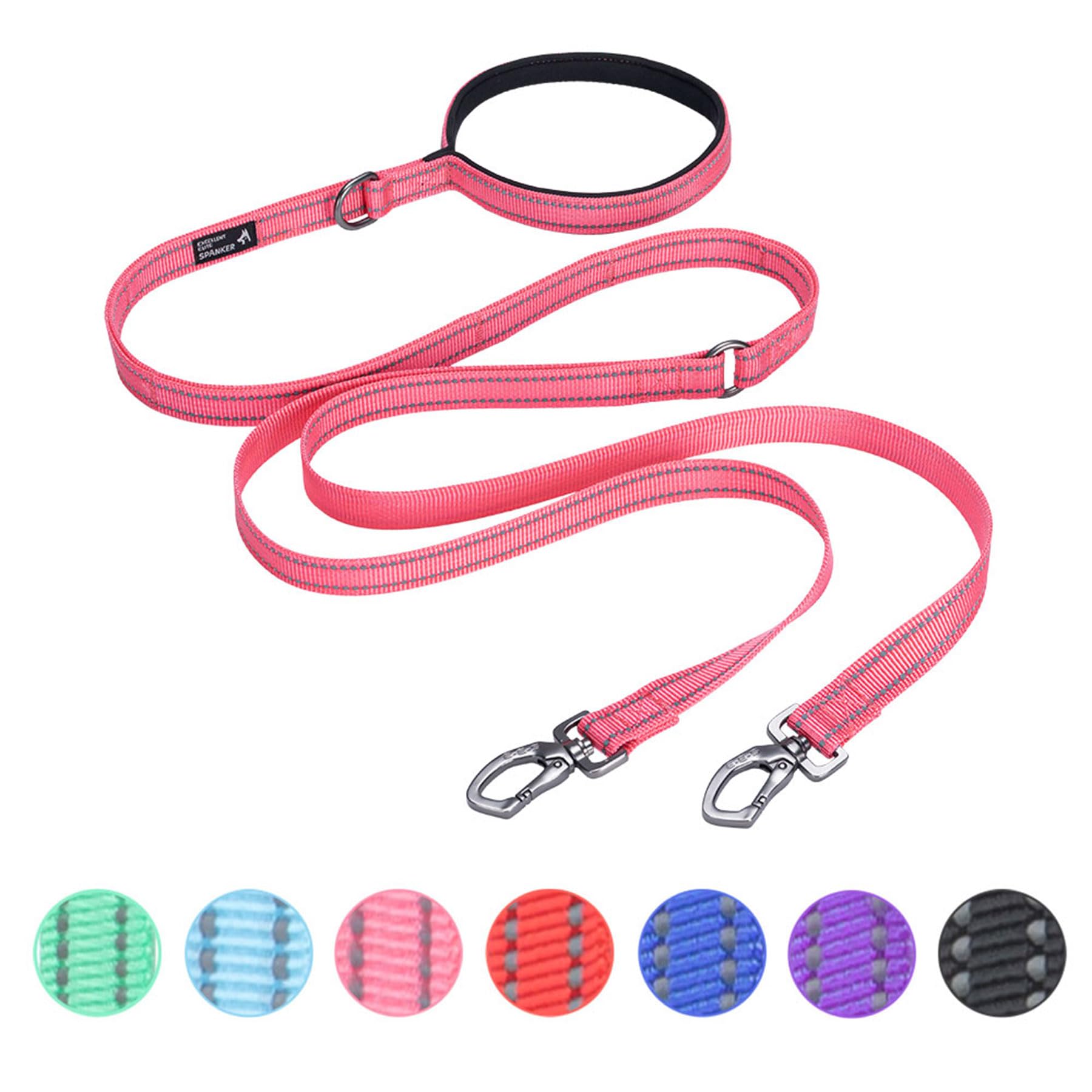 EXCELLENT ELITE SPANKER Reflective Dual Leash - 5FT Double Dog Leash with Padded Handle for Two Dogs Walking & Training (Pink)