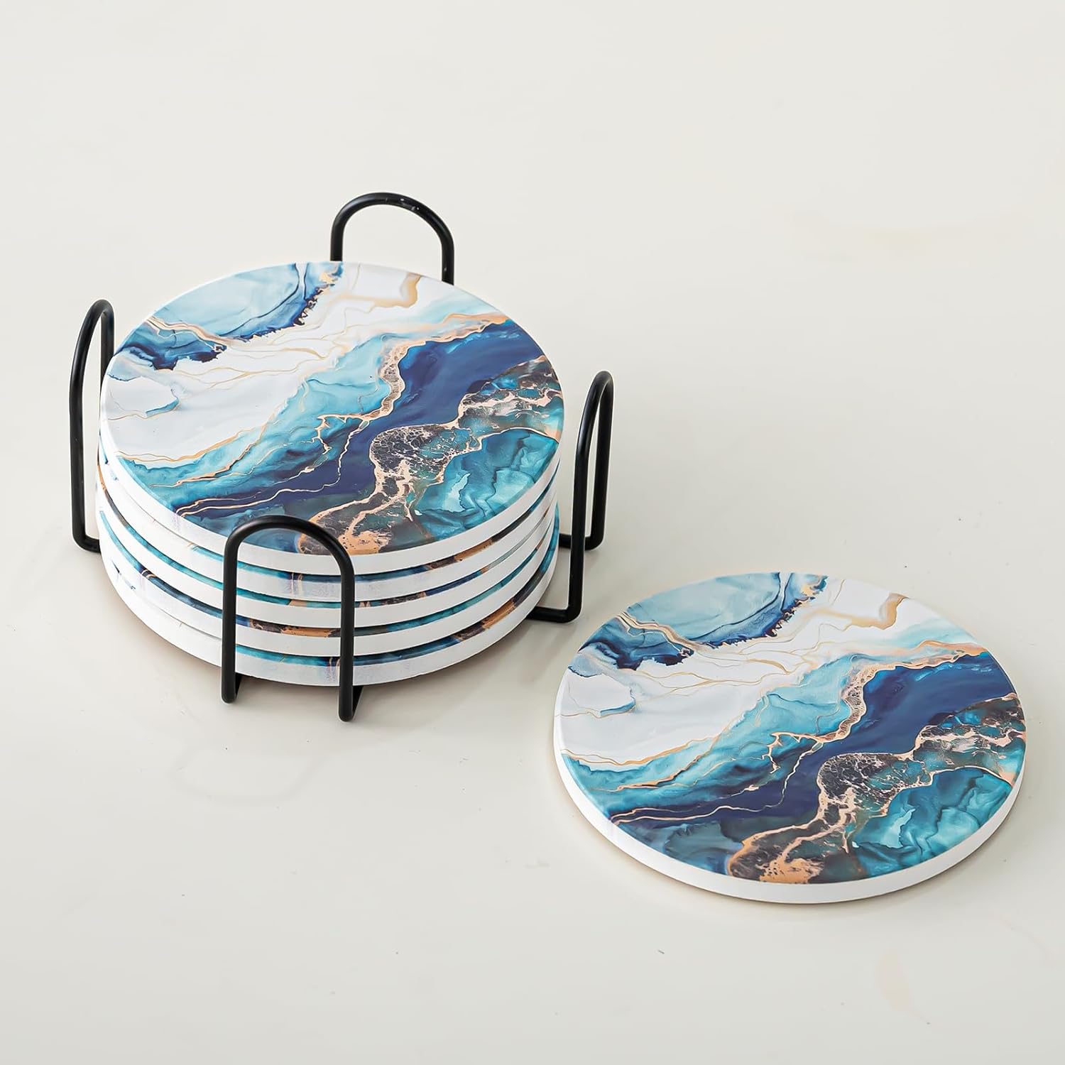 Ceramic Drink Coasters Set of 6 with Holder, Modern Marble Absorbent Ceramic Coasters, Round Ceramic Table Coasters for Home Decor Coffee Kitchen (4 Inches), Lake Blue