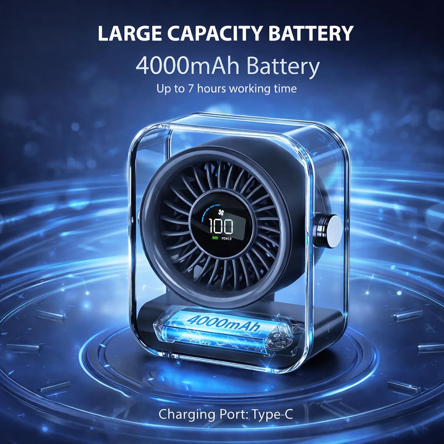 KALAMAN Desk Fan, 4000mAh Quiet Table Fan with Turbo Airflow, 6-Gear Speed Digital Display & 30° Adjustable Tilt, Rechargeable Battery Portable Fan for Home, Office, Travel (Black)