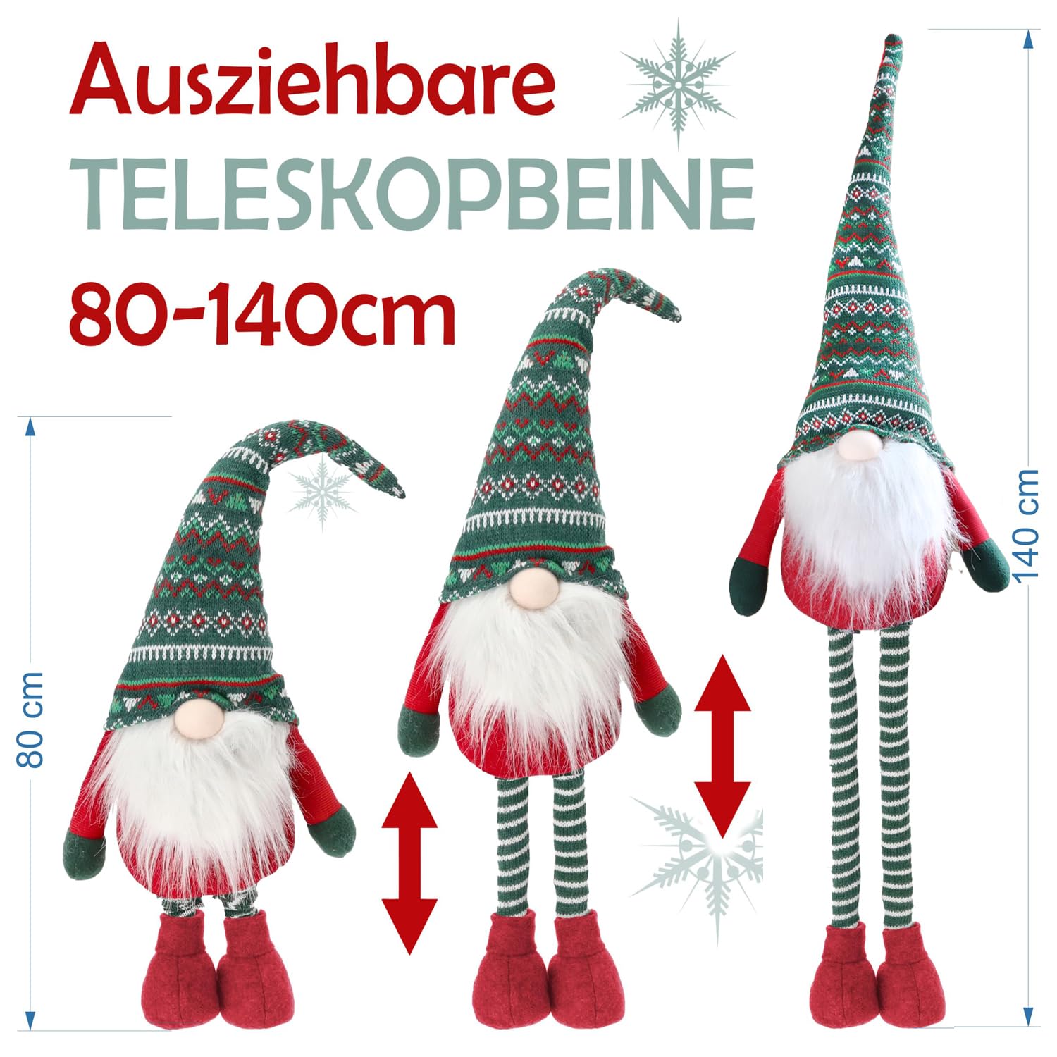 Figurine de lutin XXL - 140 cm - Pieds télescopiques - Décoration de Noël - Lutin nordique - Lutin décoratif - Figurines décoratives - Lutin de Noël homme - Gnome (homme vert)
