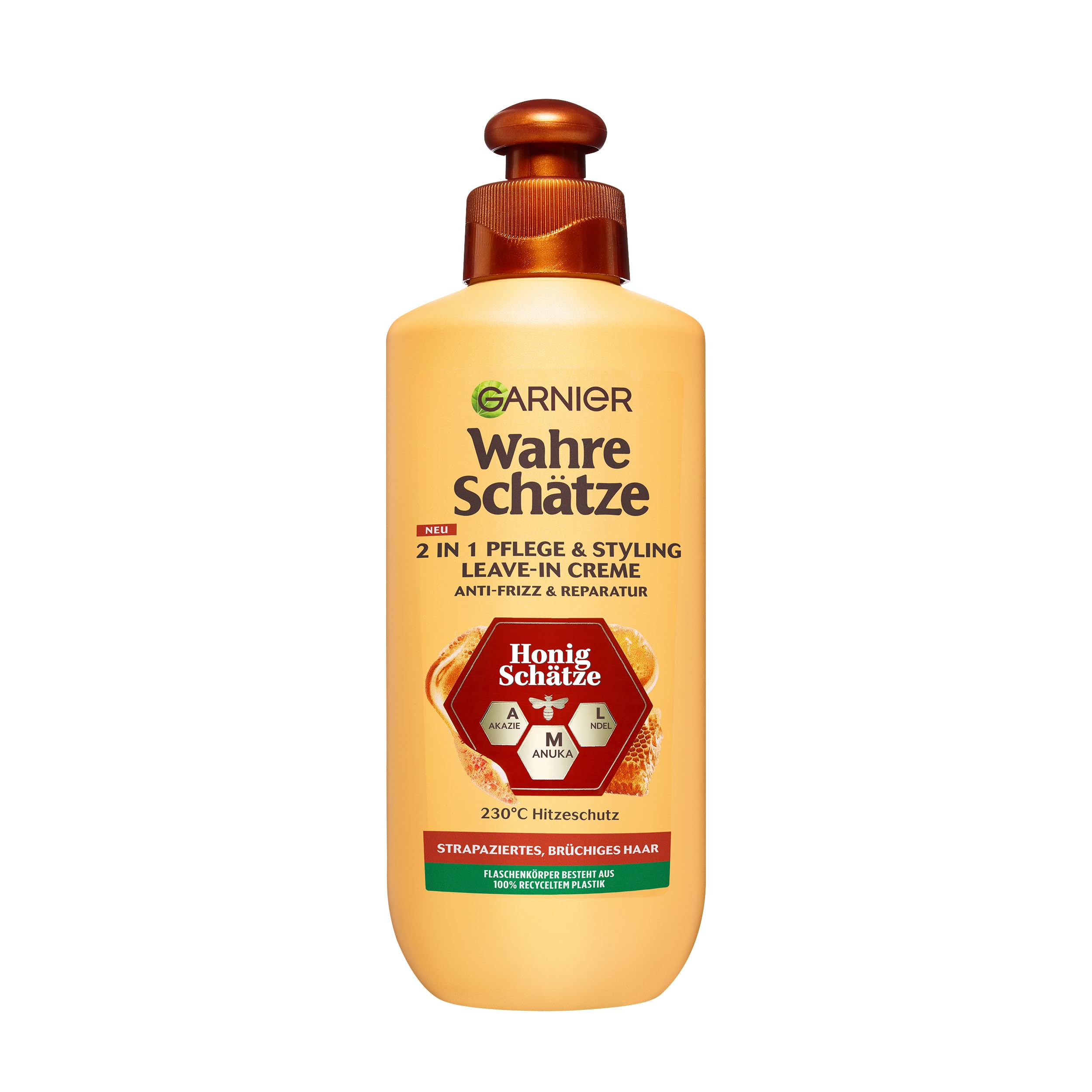 Garnier Wahre Schätze Honig Schätze 2-in-1 Pflege & Styling Leave-In Creme, reparierendes Leave-In gegen Frizz mit Hitzeschutz, 200 ml