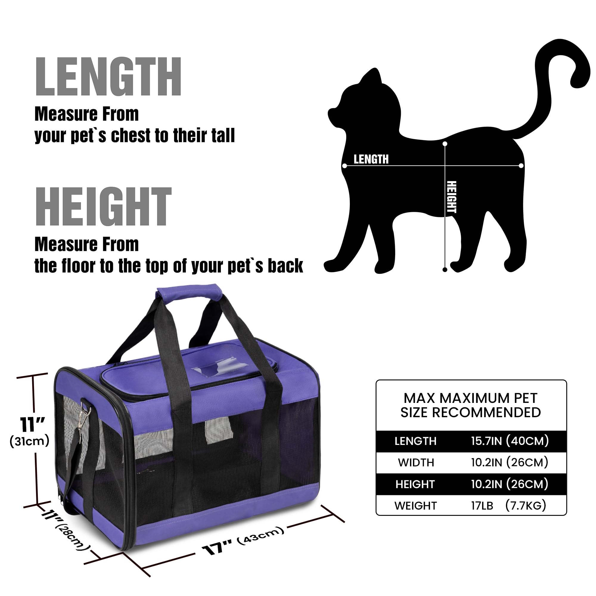 Hitchy Sac De Transport Chat/Sac De Transport Chien pour Chats, Petits Chiens, Chatons Ou Chiots, Souple et Pliable avec Tapis en Laine pour Voyage en Voiture et Train Violet (M)