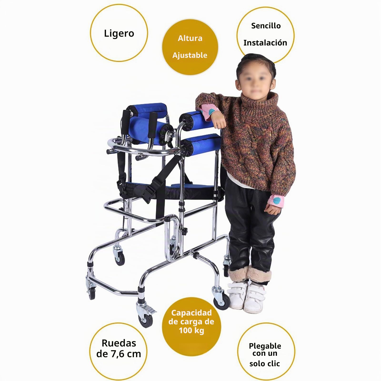 Andador para Niños con Parálisis Cerebral con Asiento, Andador Vertical Portátil para Niños con Parálisis Cerebral, Andador Móvil con 6 Ruedas, Entrenamiento de Rehabilitación