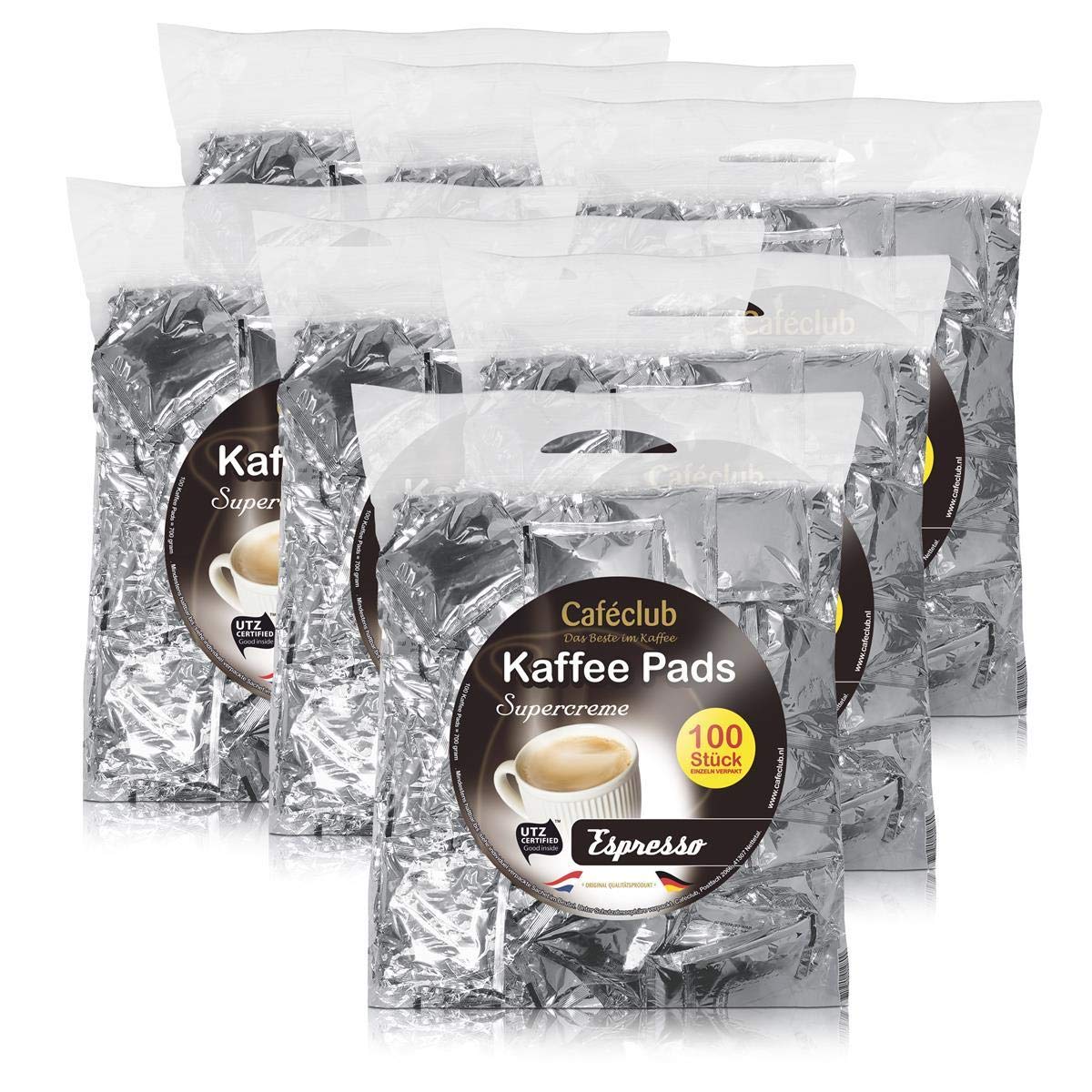 7x Cafeclub Espresso Kaffeepads Megabeutel je 100 stk. dunkle Röstung einzeln verpackt