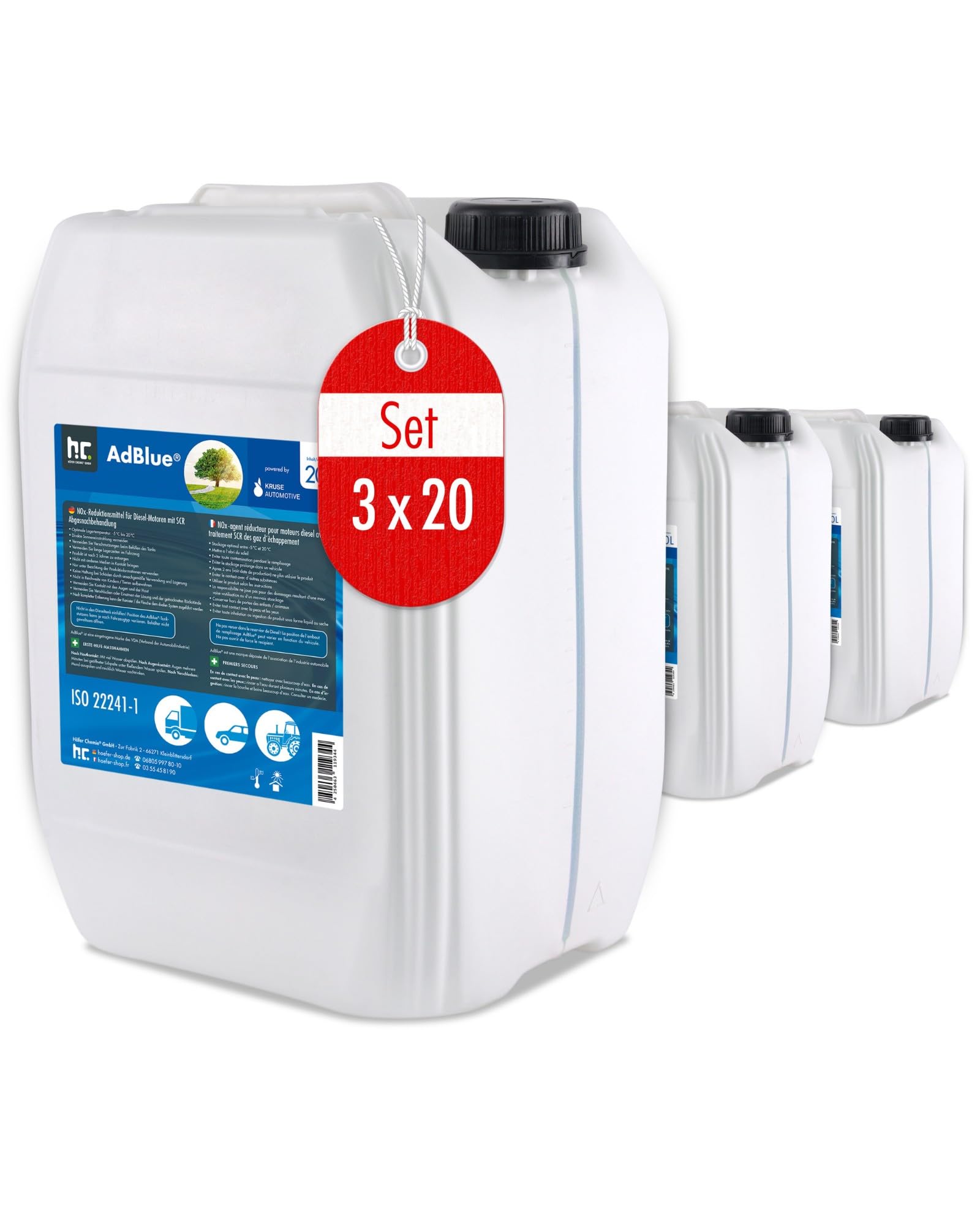 Höfer Chemie AdBlue 3 x 20 L - Auto Harnstofflösung verringert Emissionen von Stickstoffoxiden um 90% bei SCR-Systemen