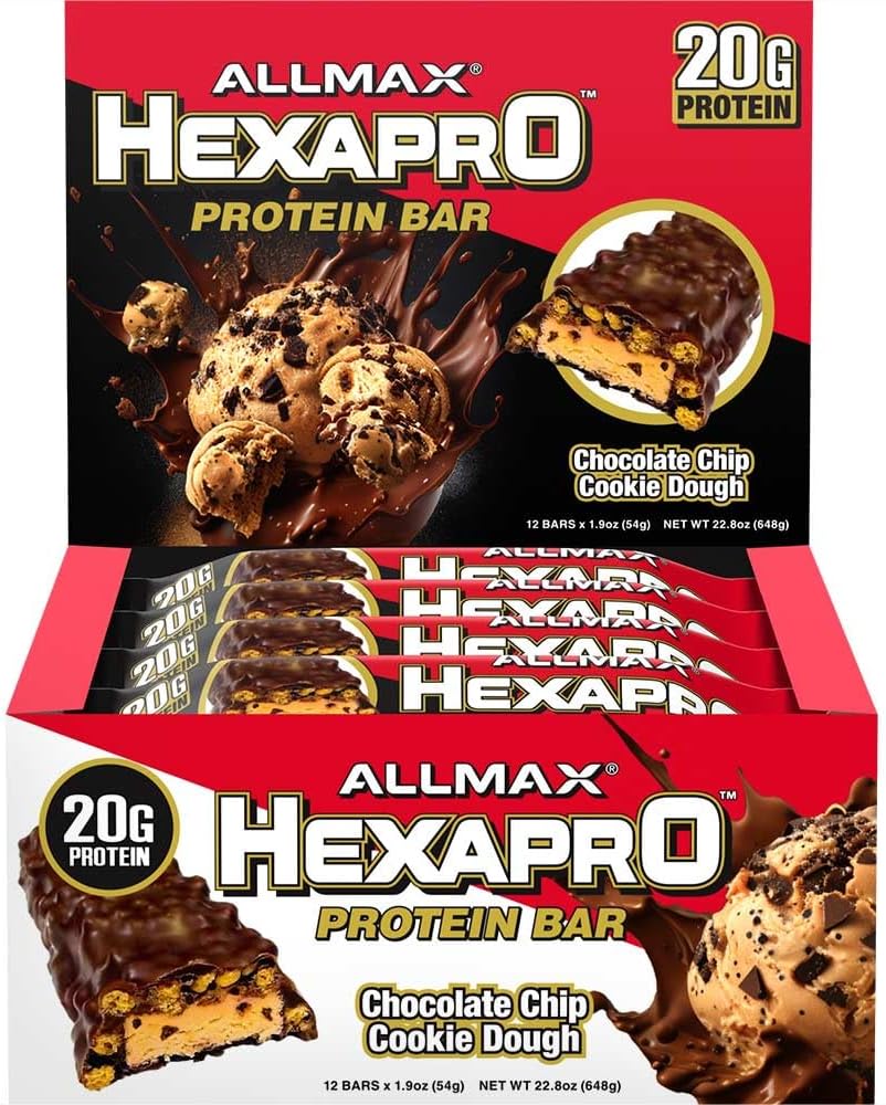 ALLMAX HexaPro High Protein Bar, Chocolate Chip Cookie Dough, Pack of 12 – 20g Protein per Bar, Low Sugar, High Protein Snack, Supports Muscle Recovery, Lean Muscle & Post Workout for Men & Women