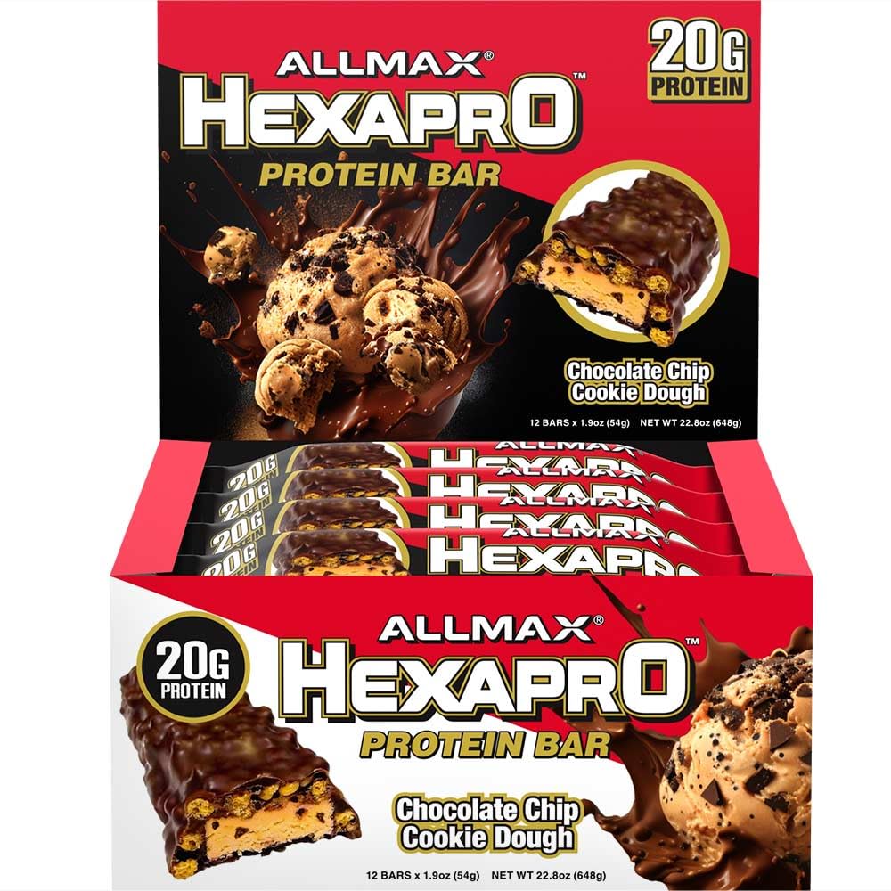 HEXAPRO PROTEIN BAR, Chocolate Chip Cookie Dough - Pack of 12 - High-Protein Energy Snack - 20 g of Protein Per Bar - With Whey Protein Isolate