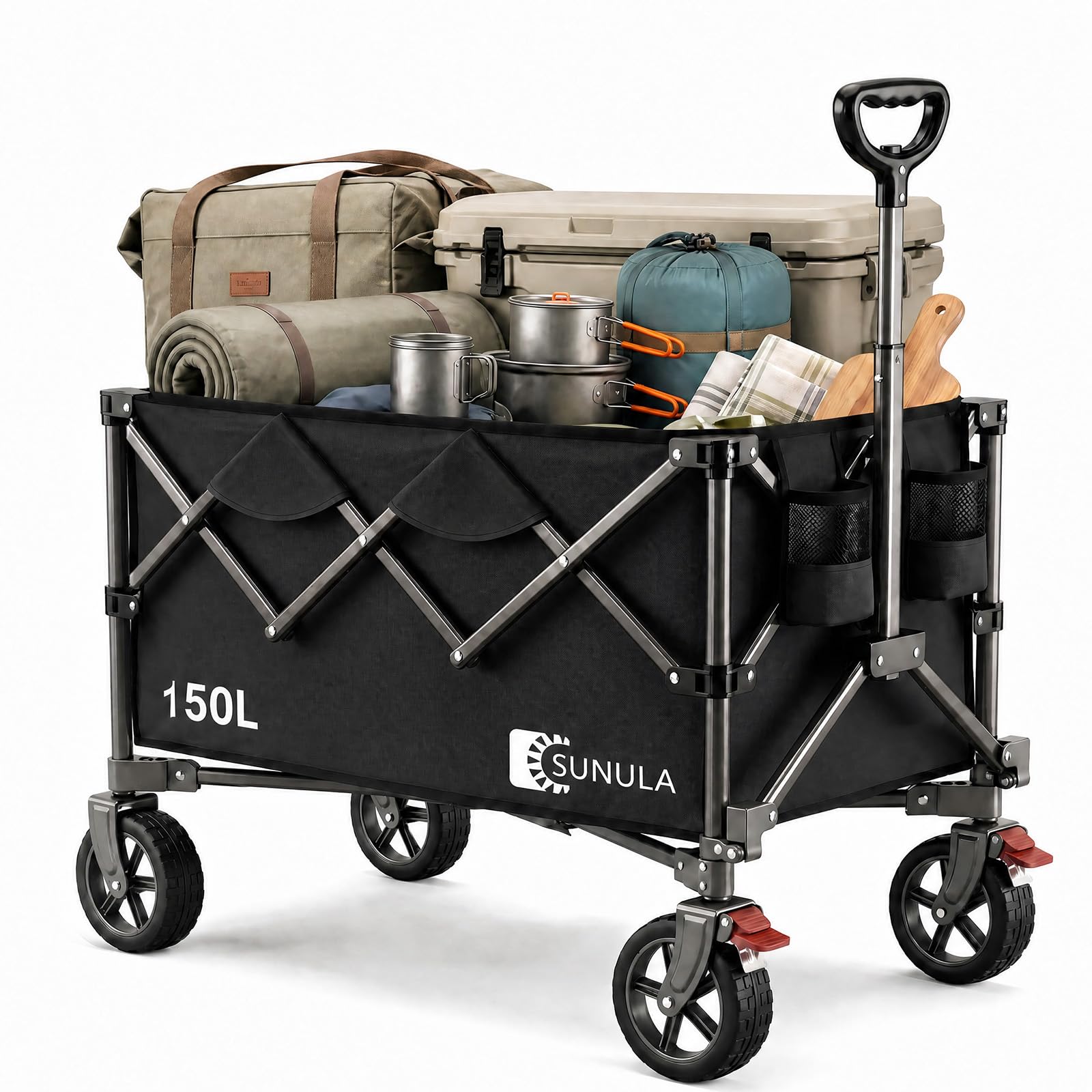 SUNULA Bollerwagen Faltbar 150L 120KG, Handwagen Geländegängig mit Bremsen | Klappbarer Handwagen mit Ein-Klick-Handgriff & 4-seitig zusammenfaltbar, ideal für Einkauf, Camping, Garten, Schwarz