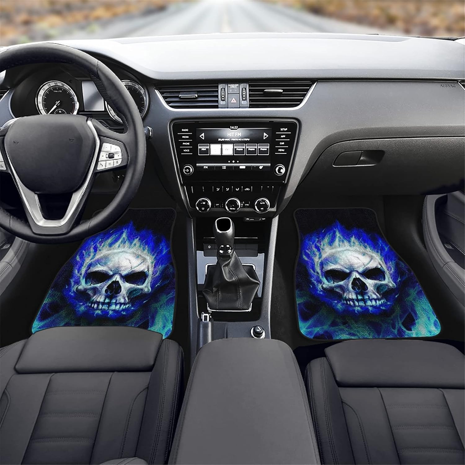 Biyejit Blue Fire Skull Car Floor Mats Set of 4 for Front Rear Seats, Heavy Duty Rubber Backing Universal Fit,SUV Interior Accessories