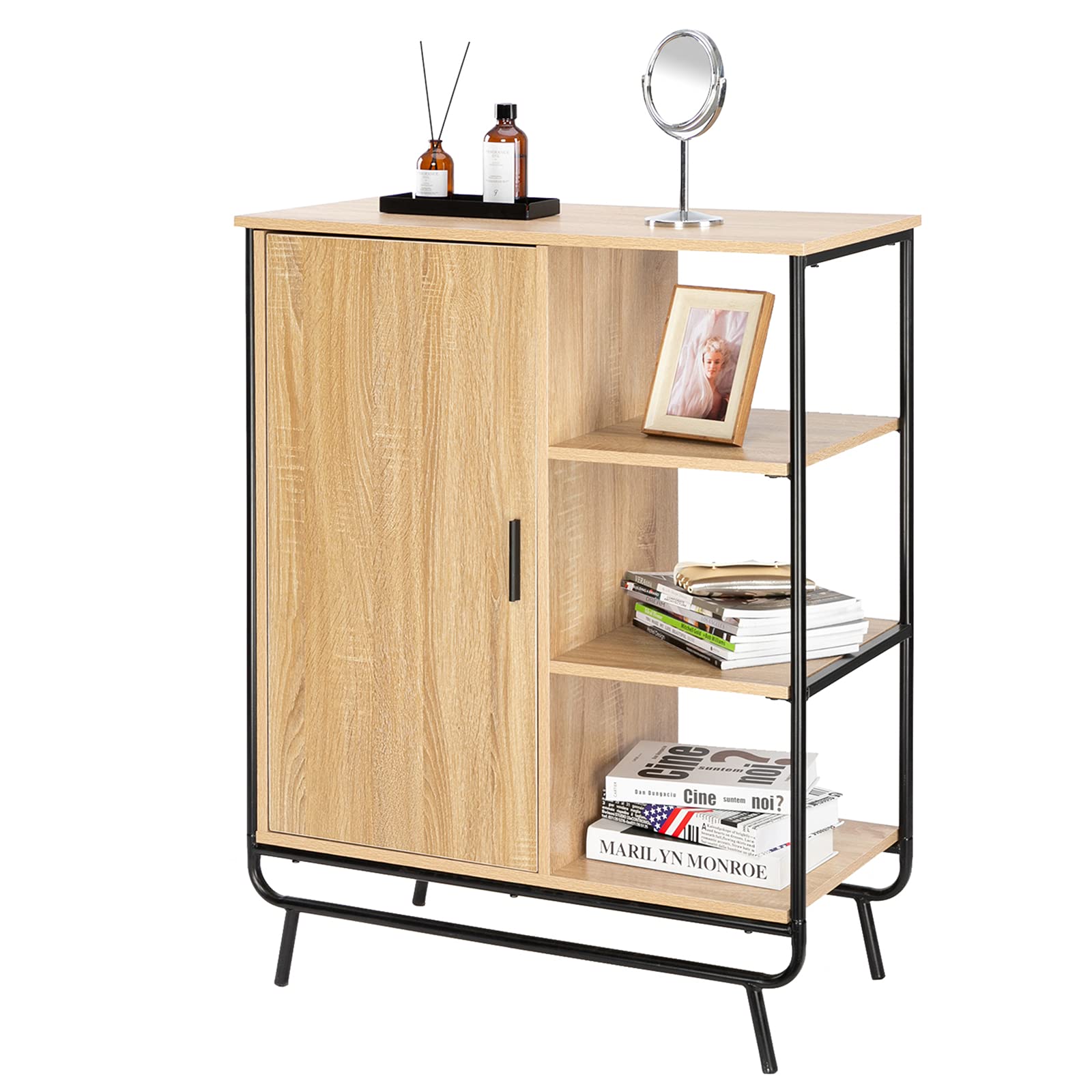 VINGLI Industrial Storage Cabinet Kitchen Sideboard Small Floor Cupboard Wood Cabinet with 3 Open Shelves and Closed Compartment for Living Room, Kitchen, Bedroom, Wood Grain and Metal Frame