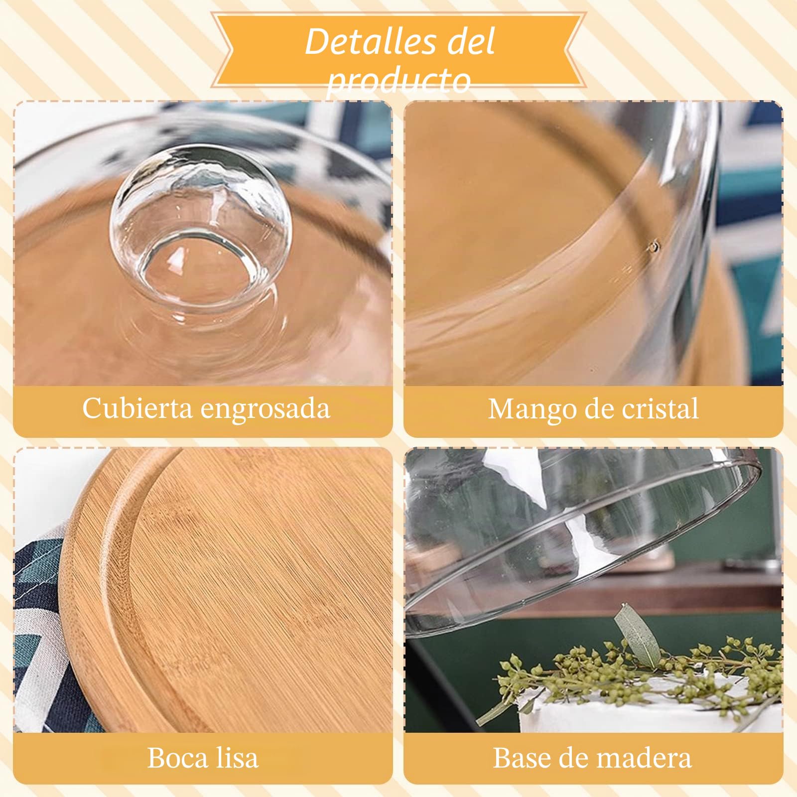 Cúpula de cristal con base de madera, soporte para tartas, cúpula de cristal transparente, bandeja de exhibición de pasteles de madera (24 cm)
