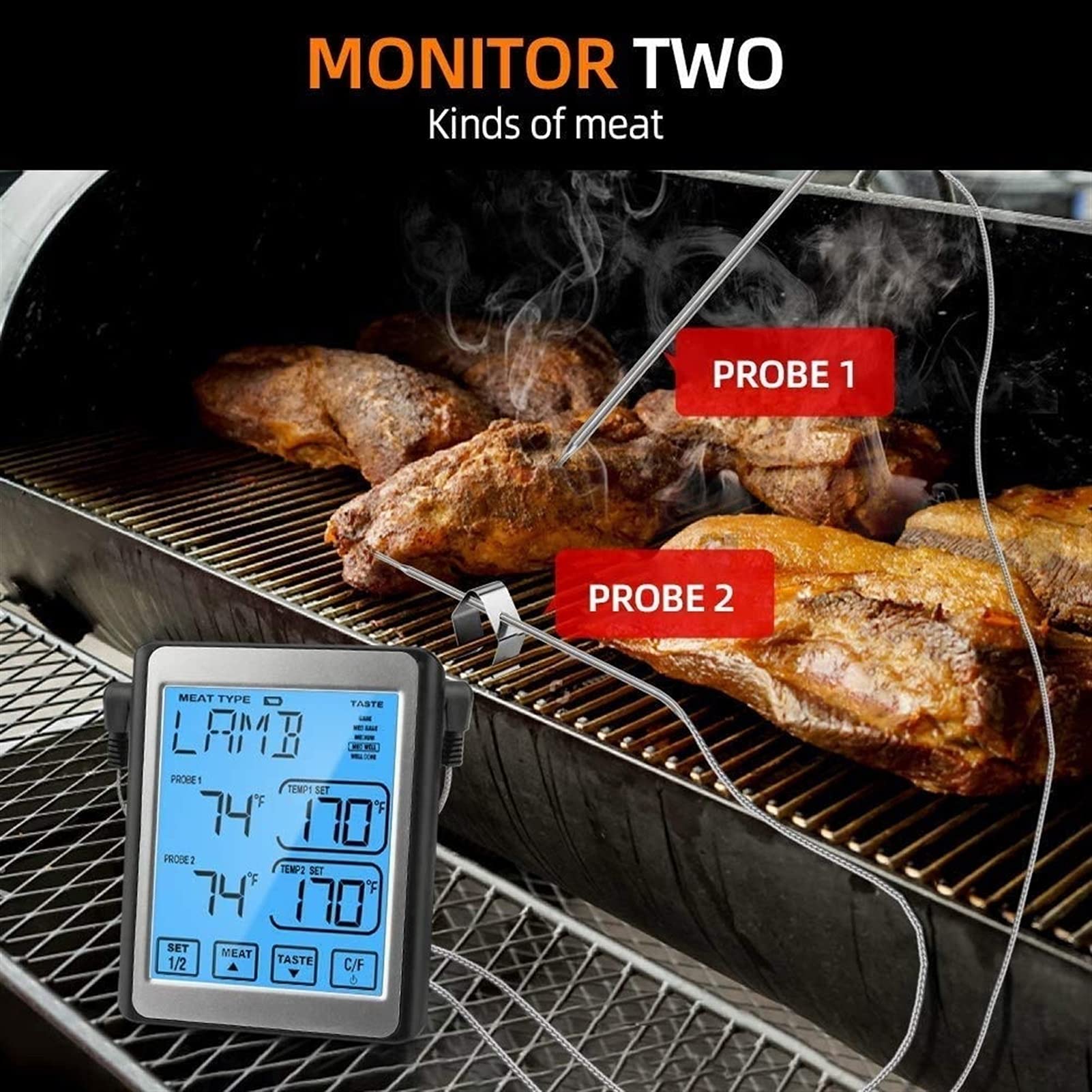 XMING Termómetro de Carne Digital Dual sonda de Cocina Barbacoa Pantalla táctil del termómetro LCD Alarma de Temporizador de retroiluminación