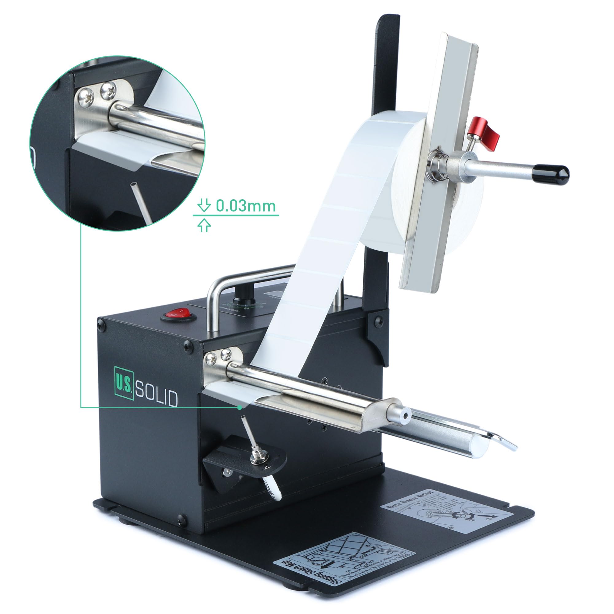 U.S. Solid Distributore automatico di etichette con contatore – Velocità regolabile, larghezza 10–115 mm, lunghezza 8–130 mm, per etichette trasparenti e opache