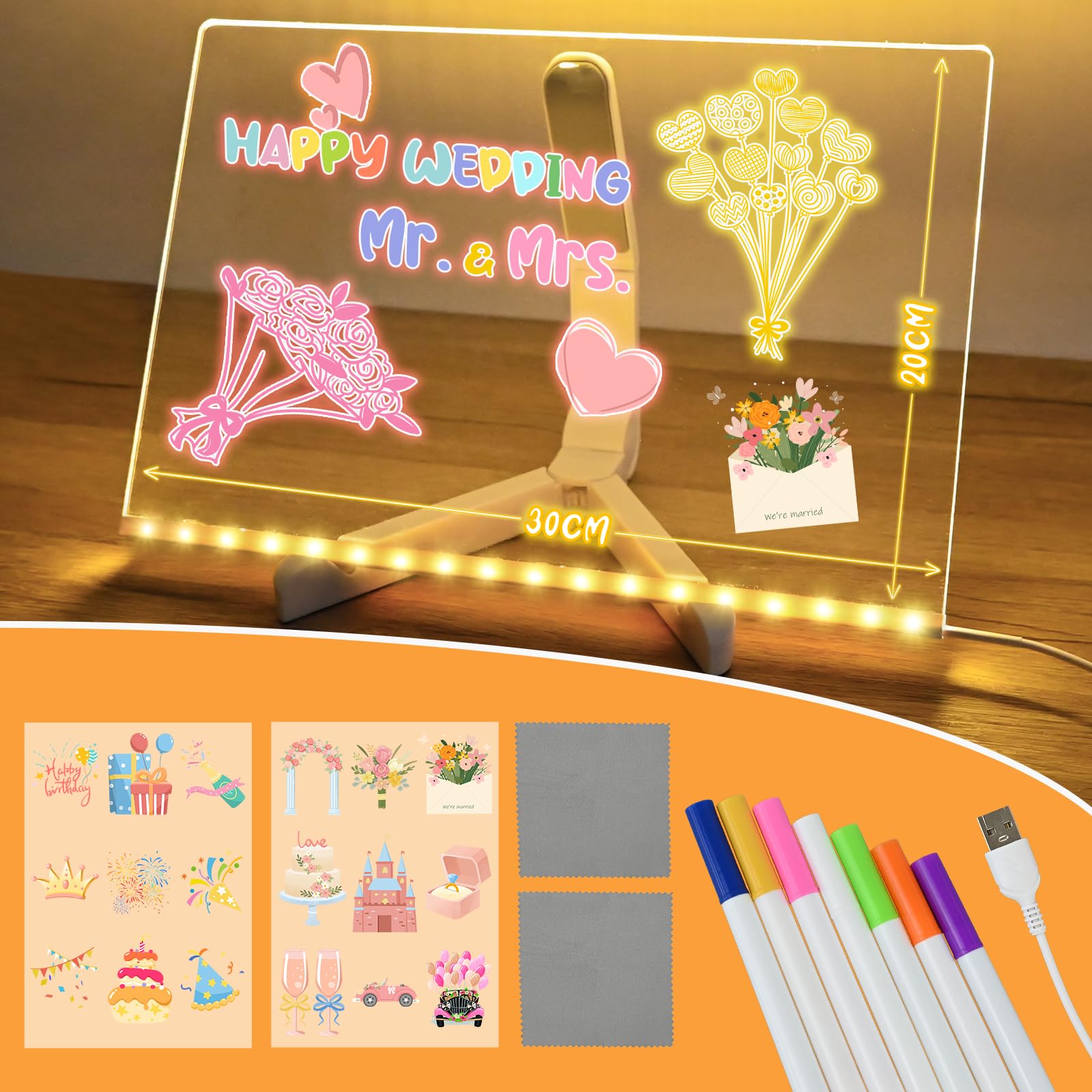 Joellfuner Tablero Acrílico Luminoso con Mensaje LED, Tablero de Mensajes LED, Tablero de Notas LED Limpiable, Luz Nocturna, con Pegatinas de Transferencia, 7 Colores Bolígrafo, para Niños, Adultos