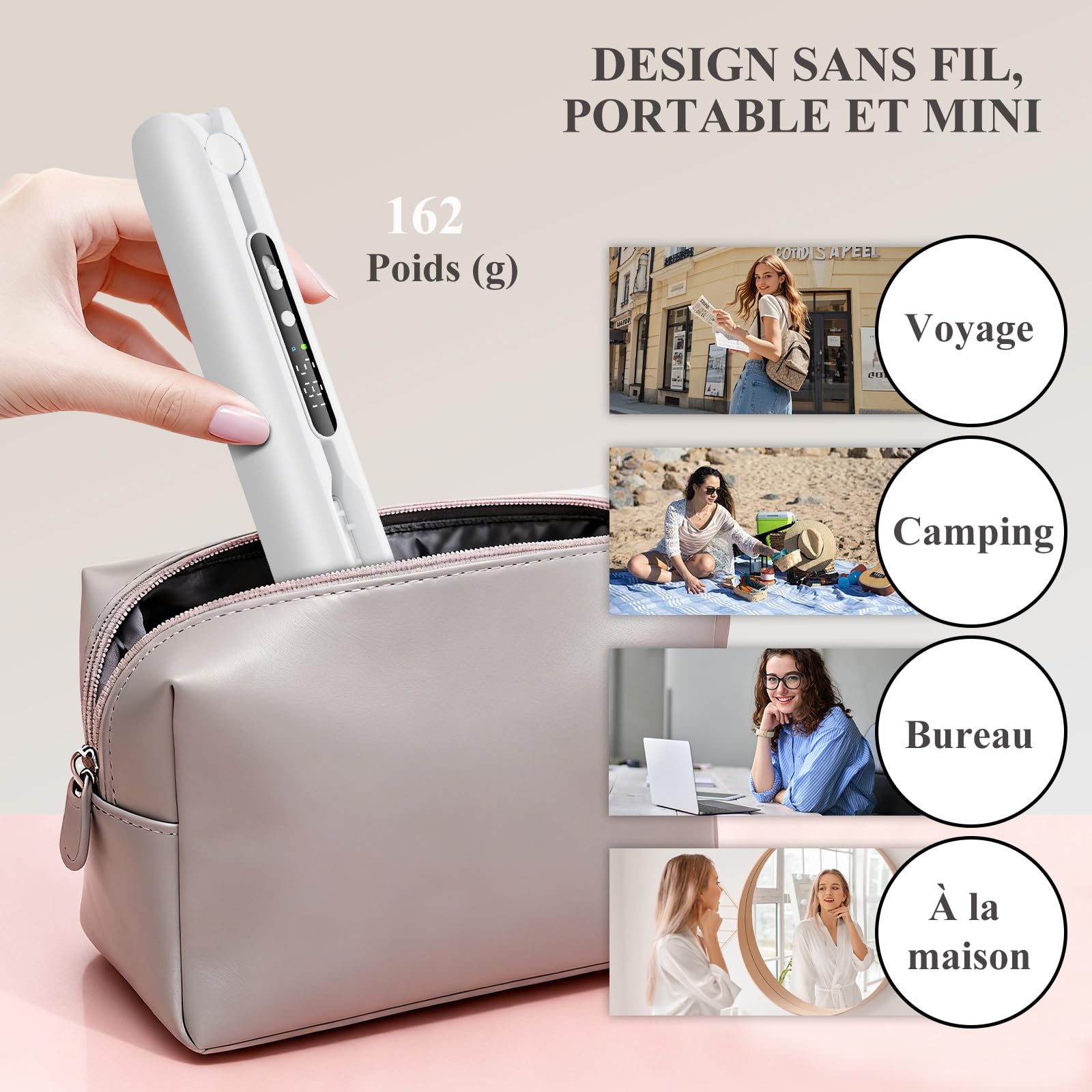 Lisseur Sans Fil, Lisseur Boucleur Cheveux 2 en 1, Mini Lisseur de Voyage sans Fil Rechargeable USB, Lisser Portable Utilisable Pendant la Charge, 3 Niveaux de Température, Affichage LCD