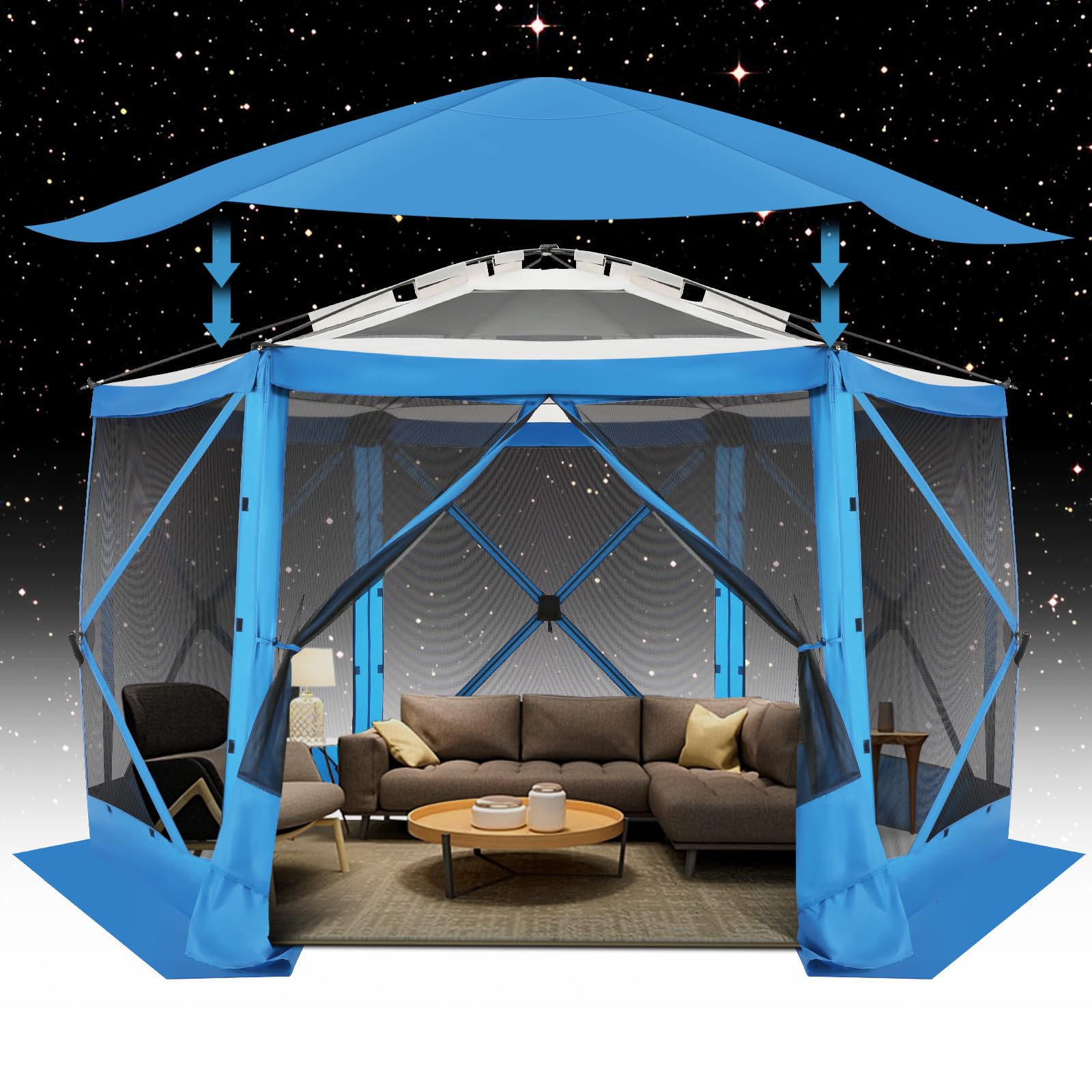 cobizi 12x12ft pop up gazebo screen tent screen house for camping, screen room with mosquito netting, hub tent instant screened canopy with carrying bag and ground stakes, blue(upgraded)
