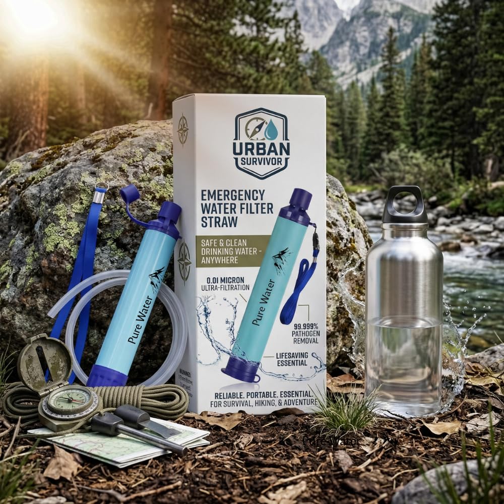 Filtr słomkowy Survival 0,1 mikrona – 5000 l przenośny filtr do wody z węglem aktywnym, oczyszczacz wody na kemping, piesze wędrówki, trekking i podróże, eliminuje do 99,9999% bakterii
