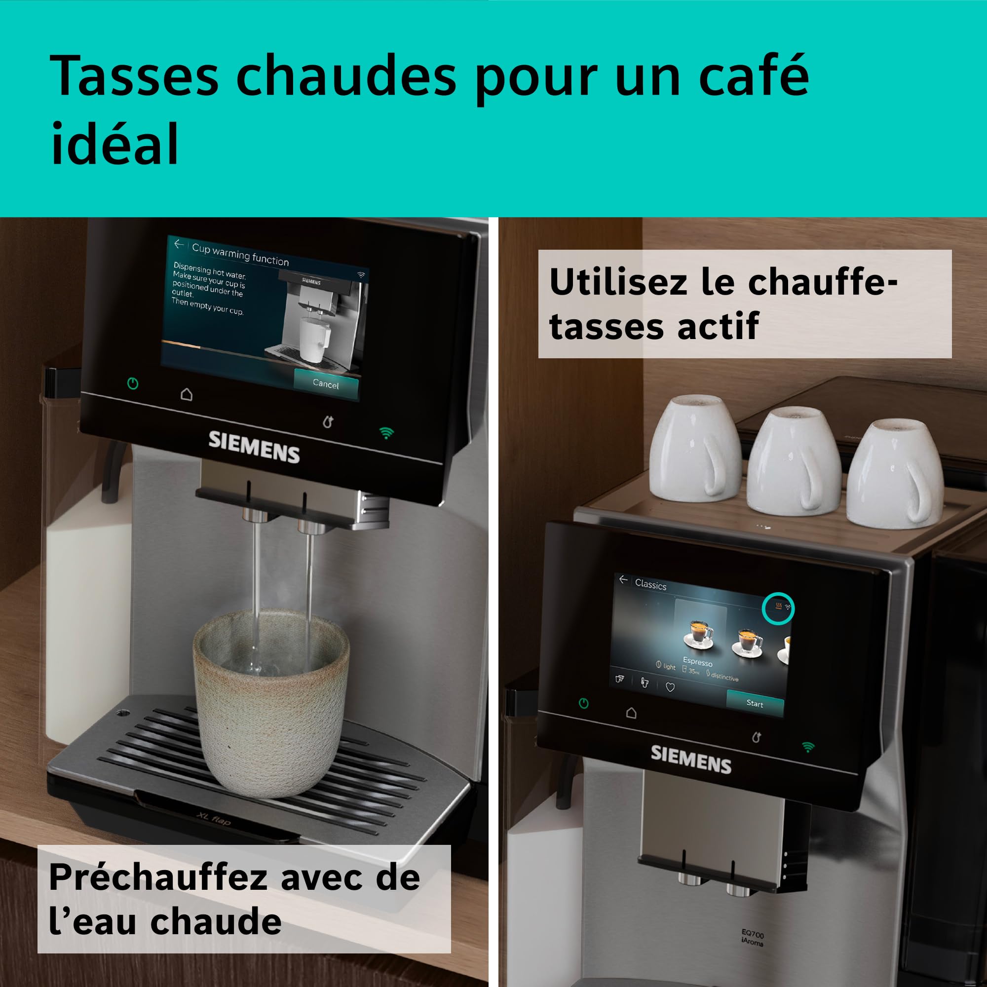 SIEMENS Machine à café entièrement automatique, EQ700 iAroma, écran tactile, récipient à lait intégré, chauffe-tasses, Cold Brew et Slow Brew, application Home Appliances, inox/noir, TQ727E03