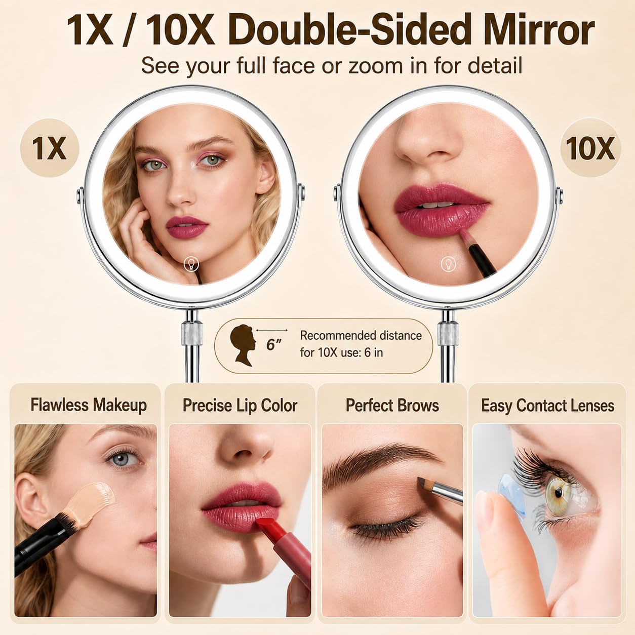Espejo de Maquillaje Iluminado Ajustable de 9 Pulgadas de Altura con Aumento de 10 aumentos, Espejo de tocador Recargable de 360° de Doble Cara con 3 Modos de Color, Brillo táctil Regulable para baño