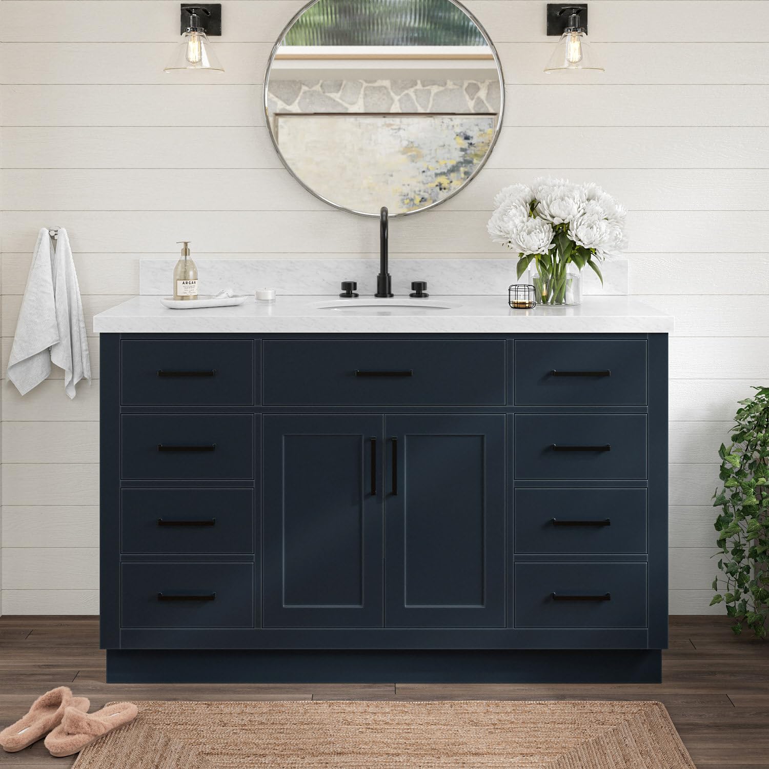 ARIEL Bathroom Vanity 55" Midnight Blue, 1.5" Edge Italian Carrara Marble Countertop & Splash, Oval Sink, 2 Soft Closing Doors, 9 Full Extension