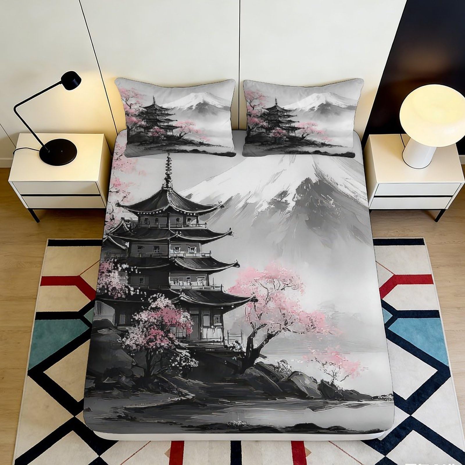 3D Printed Japanese Pagoda Fitted Sheet Microfiber Soft Grey Cherry Blossom Mountain Mattress Cover for Bedroom Decor 90x200x25cm