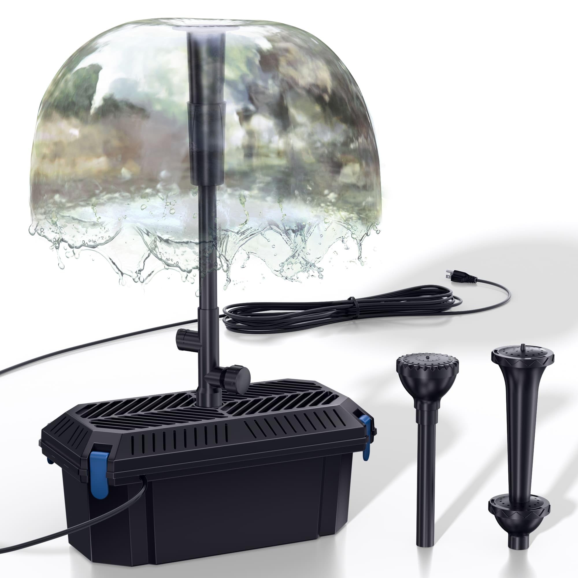 Biling Teichfilter Komplettset mit Pumpe, Leise All-in-One Teichpumpe mit Filter inklusive 3 Springbrunnen Düse mit Wasserdurchflussregelventil für Gartenteiche Fischhaltung und Algenbekämpfung