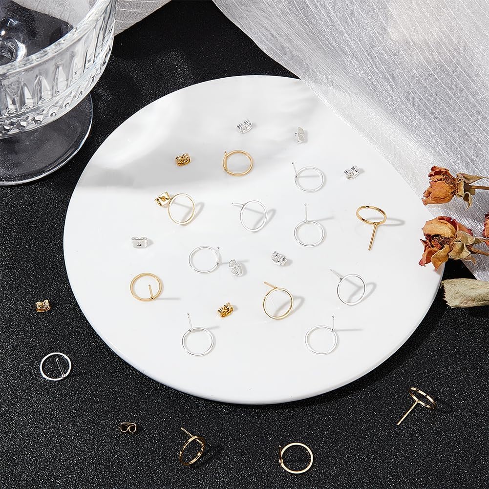 Beebeecraft 1 Box 20Pcs Circle Earring Posts 18K Gold & 925 Sterling Silver Plated Brass Stud Earring Posts Round Ring Earring Studs Geometry Stud for Women Gift