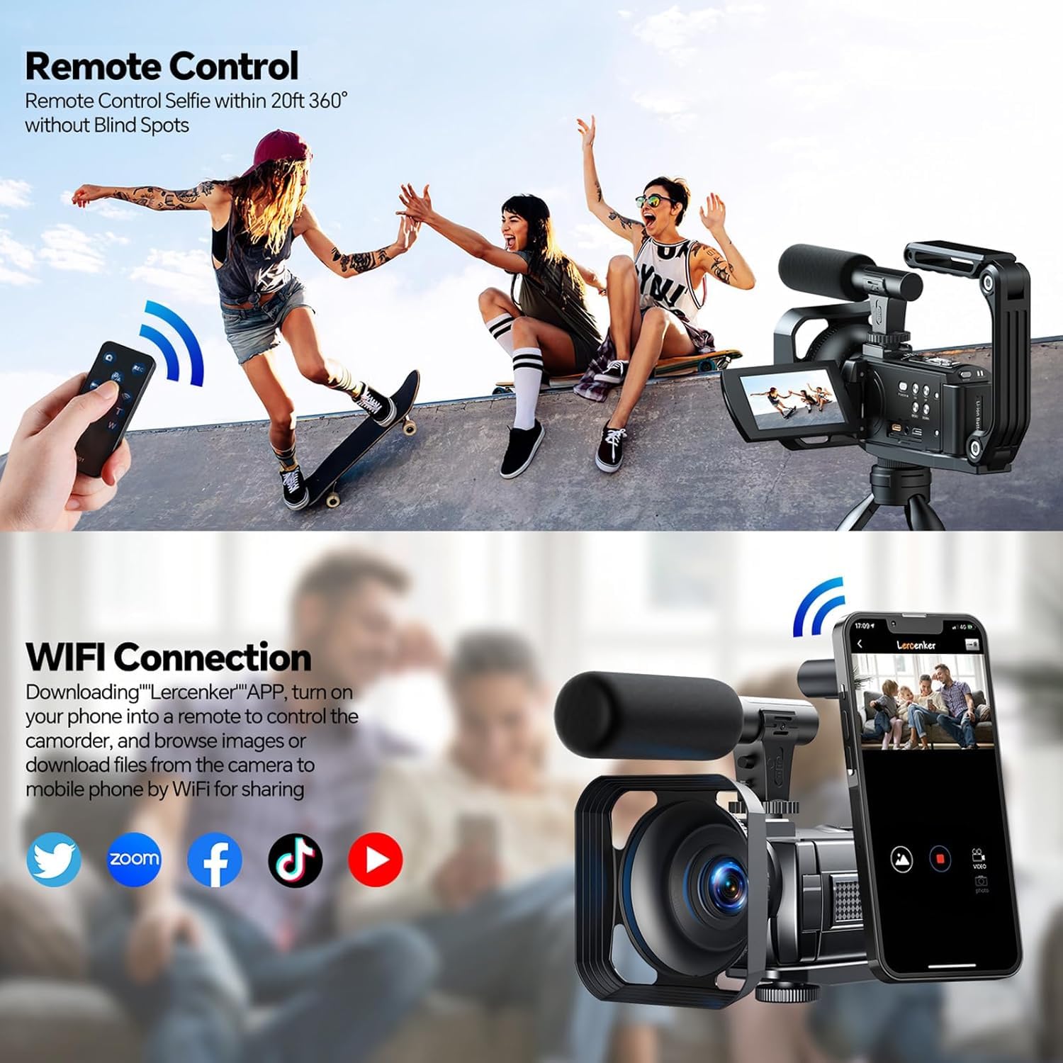 Videocámara 5K 56MP Cámara Vlog para YouTube, WiFi, Visión Nocturna IR, Zoom Digital 16X, Pantalla Táctil 3", Cámara web, Micrófono Externo, 2 Baterías, Tarjeta 64GB, Mando a Distancia, Trípode