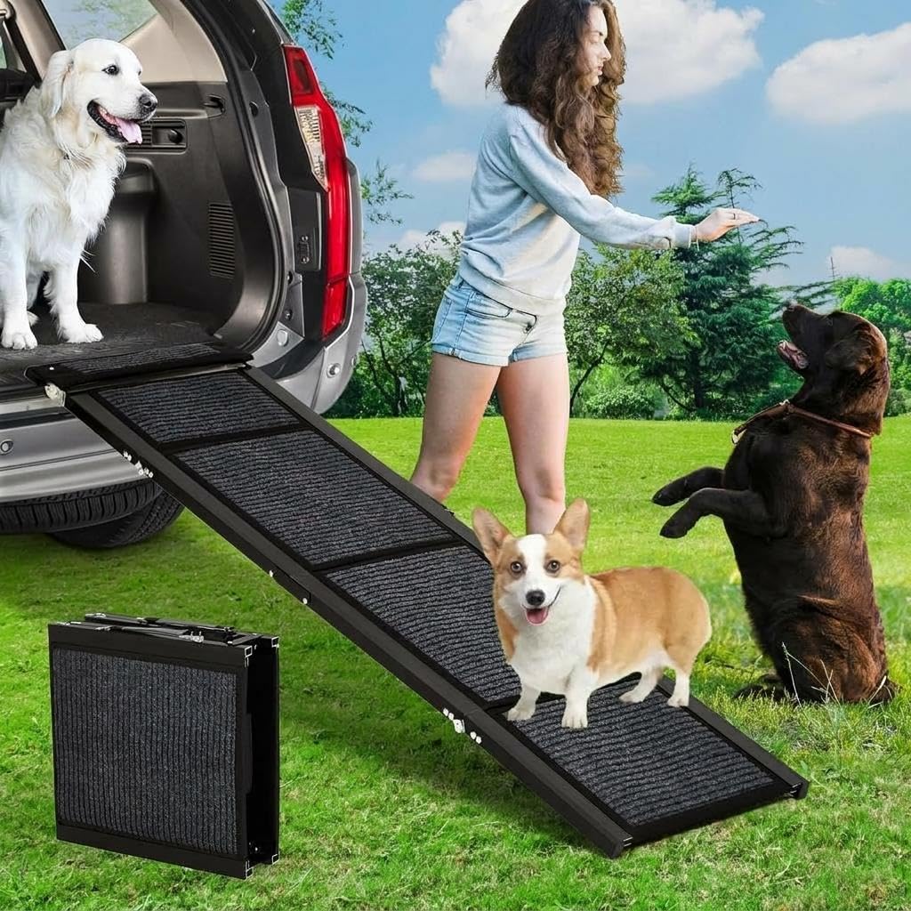 Garvee Rampa para Perros Plegable 180 x 43 cm, Aleación de Aluminio de 1,3 mm y Superficie Antideslizante de Tela No Tejida, Acceso para Coche SUV Camión Sofá y Cama, Portátil