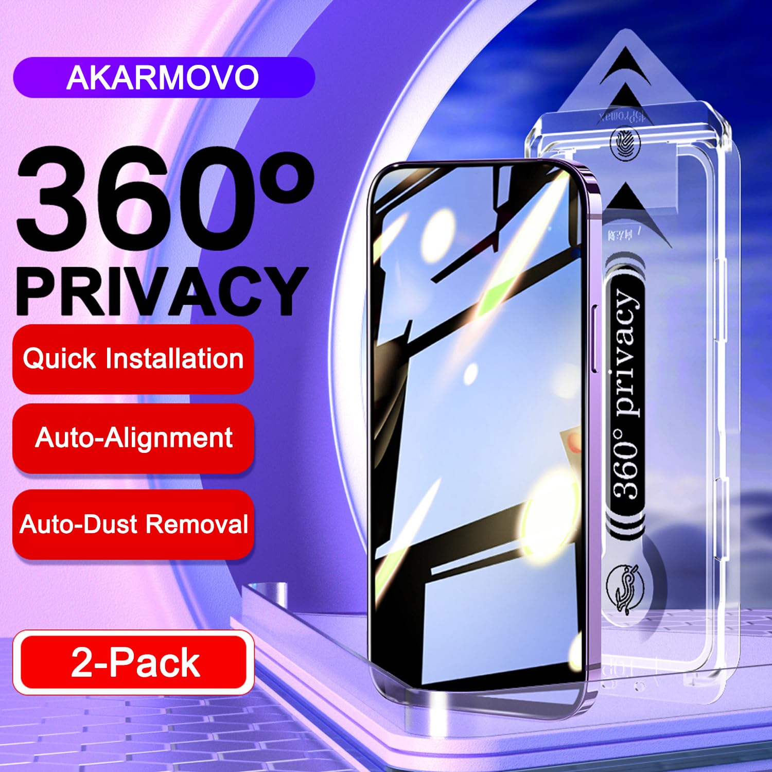 Paquete de 2 protectores de pantalla de privacidad de 360 grados [alineación automática, eliminación automática del polvo], fácil instalación, cobertura completa, película de vidrio templado