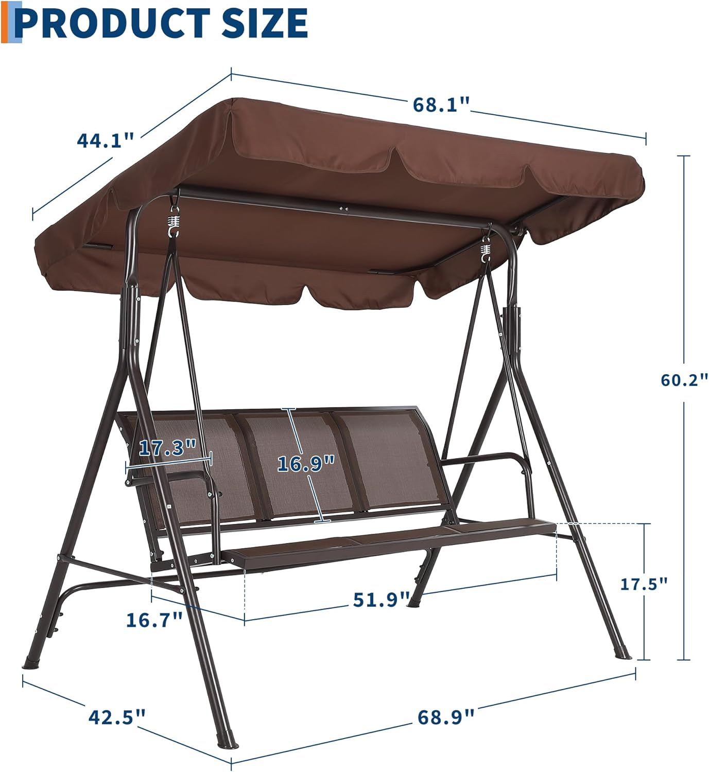 3-Seat Outdoor Patio Porch Swing with Stand, Waterproof Textilene & Adjustable Canopy, Steel Frame Swing Outdoor Chair for Backyard, Front Porch, Lawn, Garden