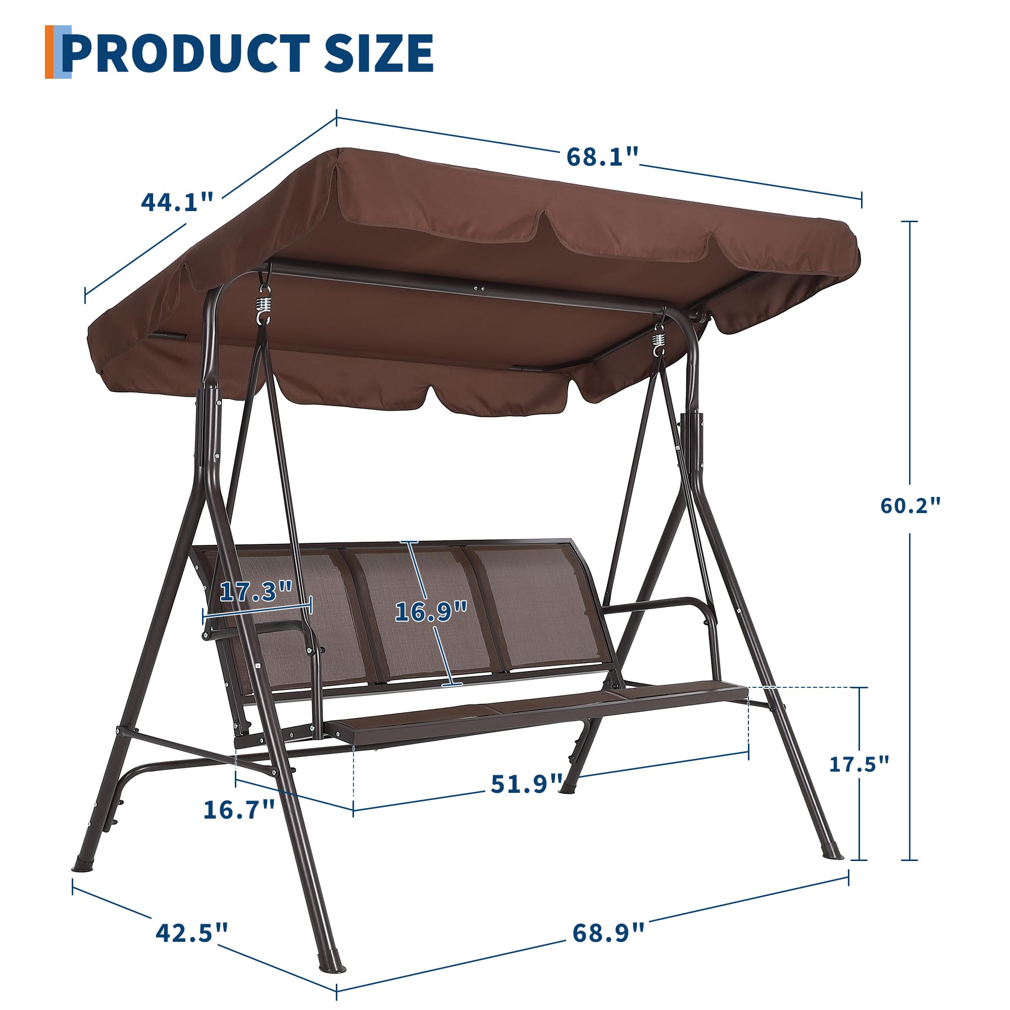 Garvee Balancelle de Jardin 3 Places, Toit Inclinable Réglable, Assise et Dossier Ergonomiques en Textilène Respirant, Structure en Acier Époxy Anticorrosion, pour Terrasse et Jardin
