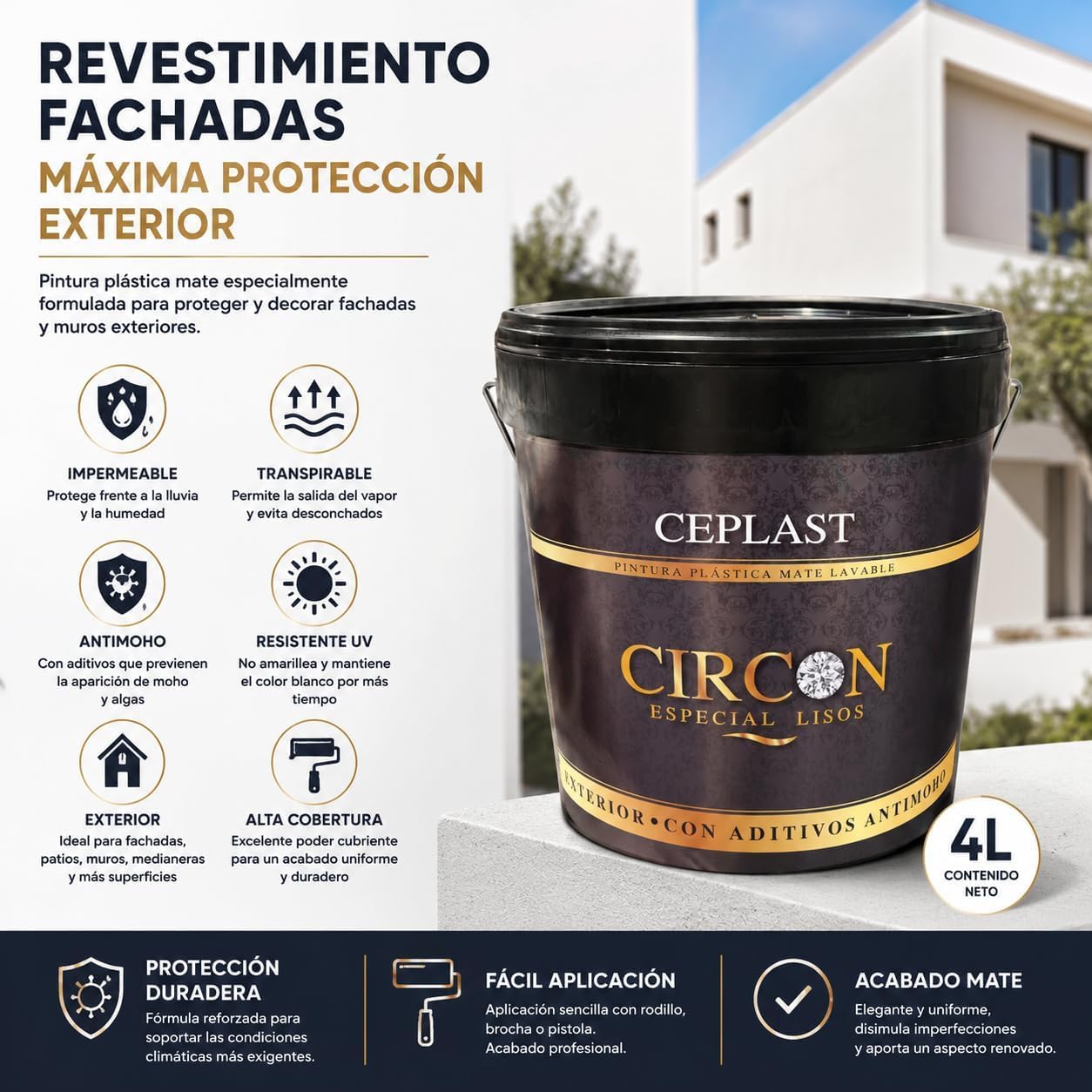 Revestimiento Fachadas Exterior 4L – Pintura Impermeable, Transpirable y Antimoho – Alta Resistencia al Clima y Rayos UV – No Amarillea – Blanco Mate Máxima Cobertura – CEPLAST CIRCON
