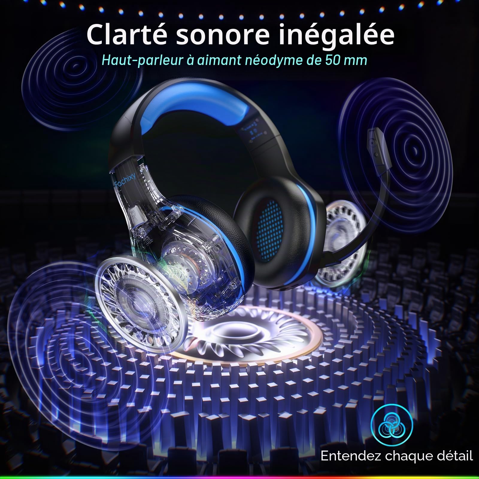 Fachixy FC100 Casque de Jeu sans Fil avec Microphone, 2,4 G, pour PS5, PS4, PC, Switch, Mac, Son Surround, Bluetooth, sans Fil, avec lumière LED, Plus de 50 Heures d'autonomie