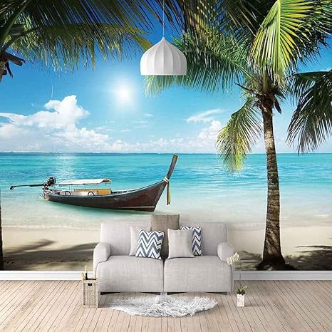 Amazon 壁の壁紙の壁画3d ビーチ 釣り ボート 海景 自己接着壁紙パノラマ 3d 壁壁画壁紙 3d 効果壁のポスターリビングルームの寝室の子供部屋 350x256 Cm 壁紙