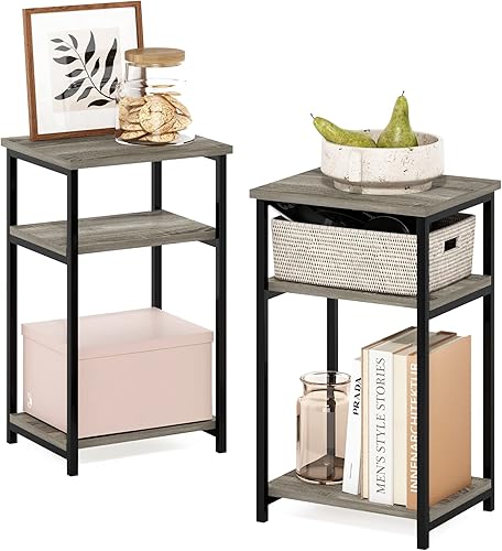 Miniatura 20 de Furinno JUST Mesa lateral, Mesa terminal Turn-N-Tube de 3 niveles con estante abierto, Mesita de noche con esquina de curva redonda, Mesa de Roble