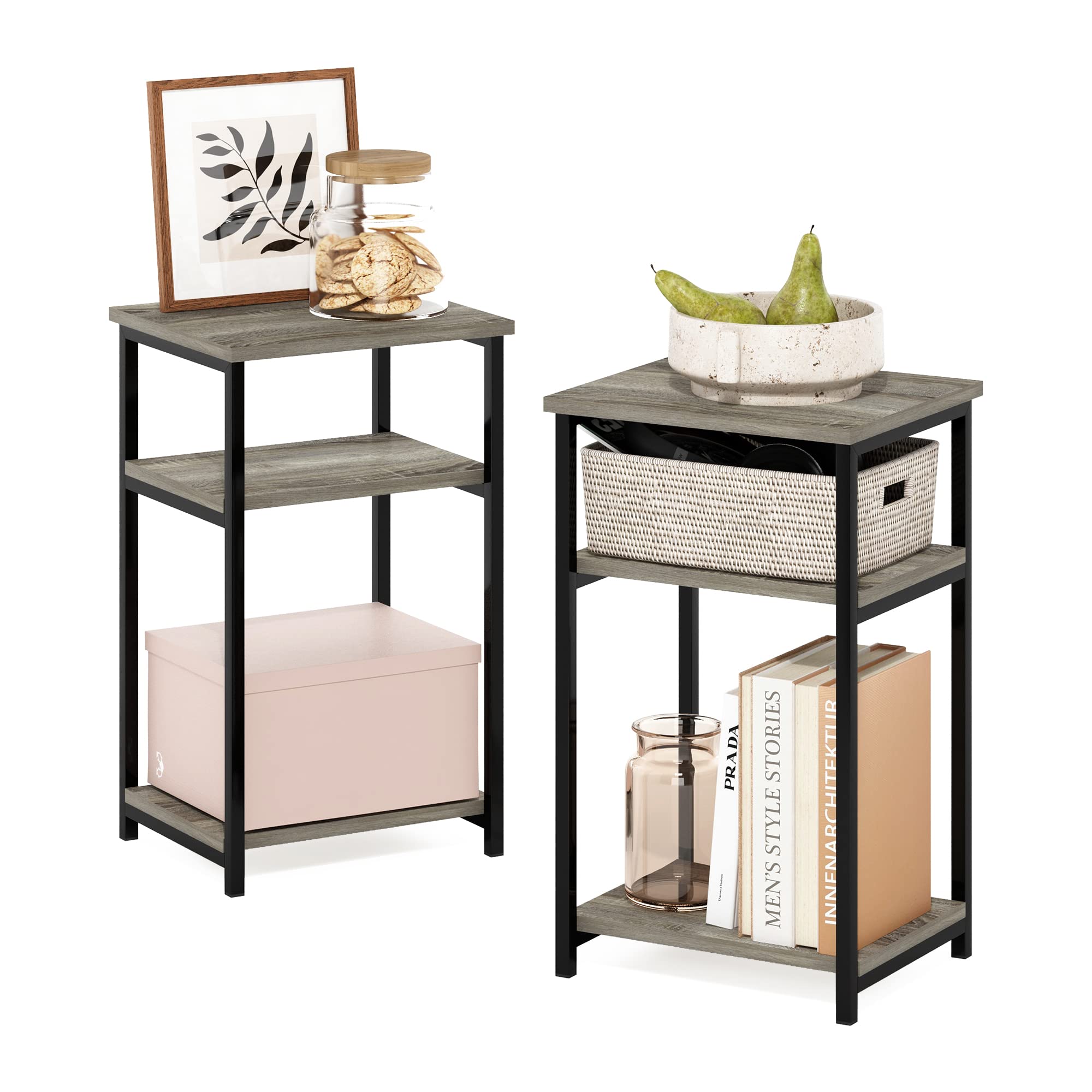 Furinno JUST Side Table Set of 2, 3-Tier Modern Metal Frame End Table with Open Shelf, Night Stand, Bedside Table, Easy Assembly,for Living Room, Bedroom, Grey Oak