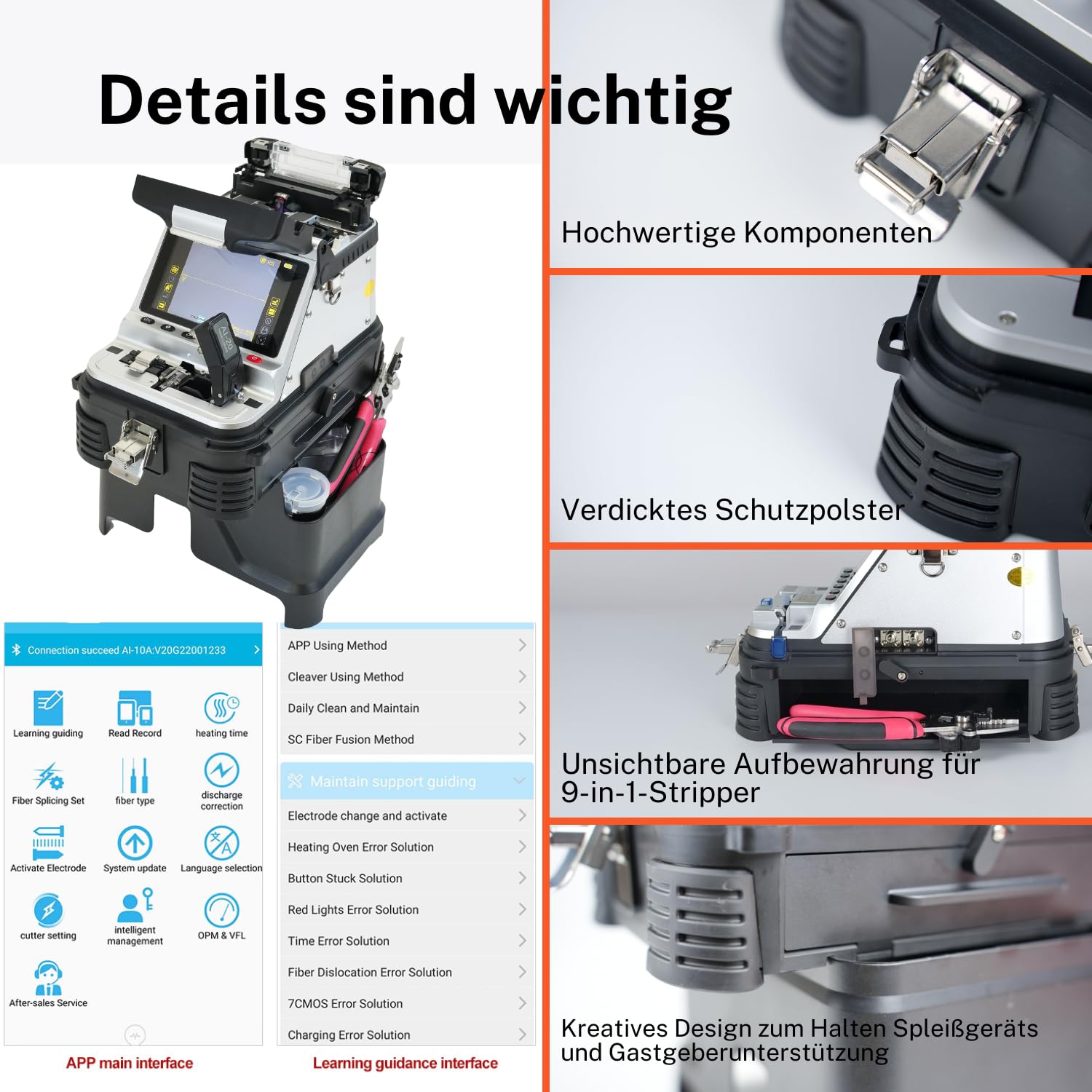 AI-20 Fusion Splicer Glasfaser Spleißgerät mit neu entwickeltem elektrischem Faserschneider, LWL Spleißgerät Kit AI-20 Upgrade von AI-10A mit 6s Spleißen 15s Aufheizen OPM VFL 7800mAh Akku