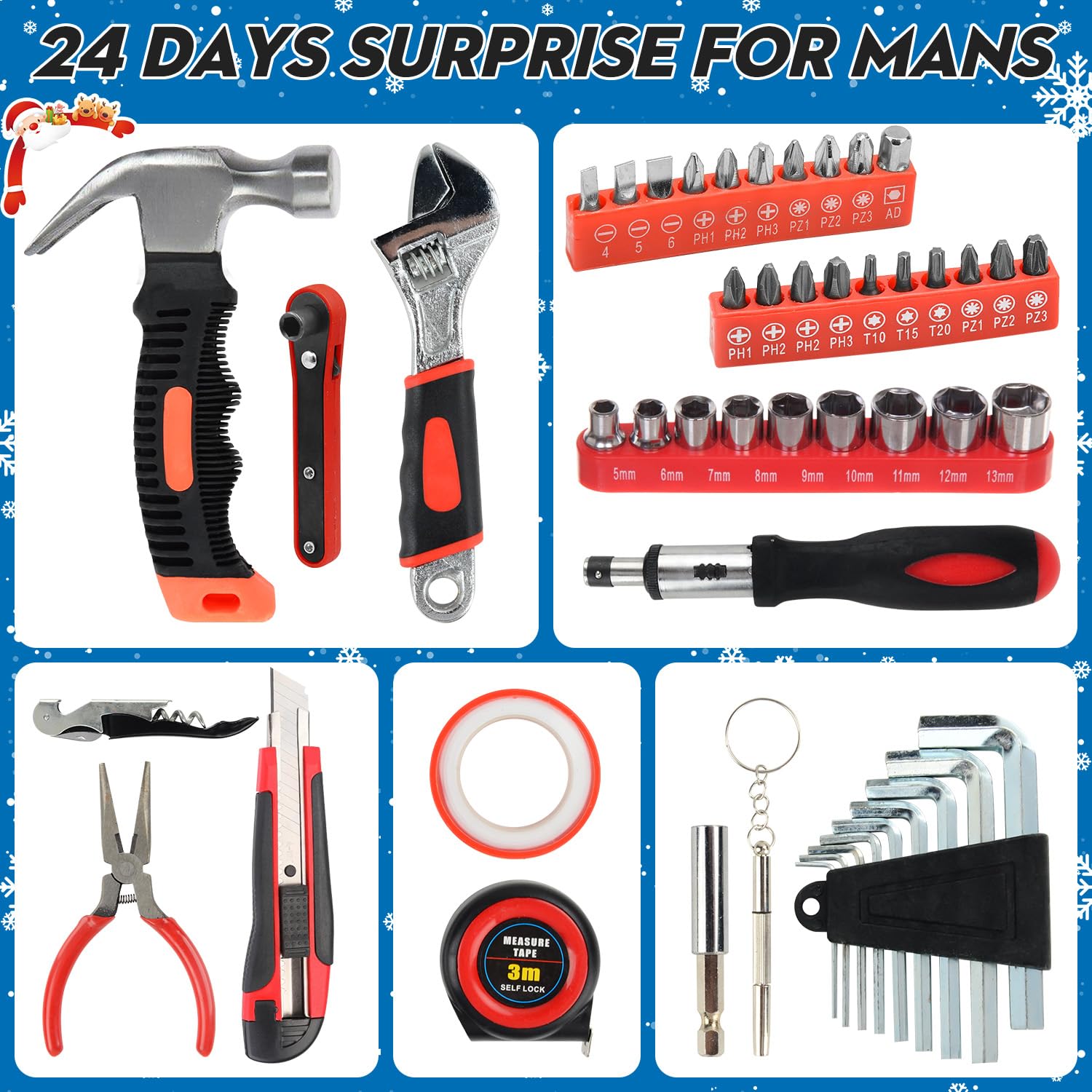 Calendrier De L'Avent Outillage 2025 – Coffret Cadeau Homme Avec 24 Outils – Marteau, Clés, Cutter, Mètre – Pour Papa, Grand-Père, Mari