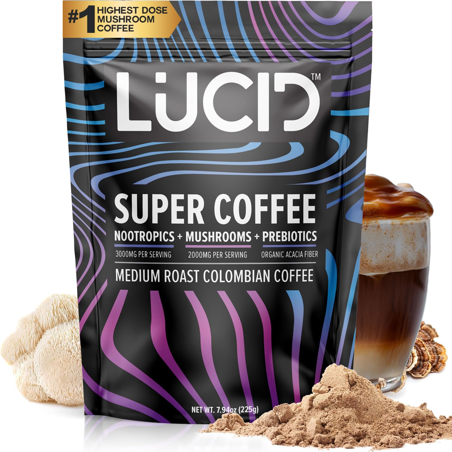 Superfood Organic Mushroom Coffee with Nootropics - Lion's Mane, Tremella, Cordyceps & Turkey Tail - Instant Mushroom Coffee Focus Brain Health - Alpha GPC, L-Theanine, Ginko Biloba - USA Made