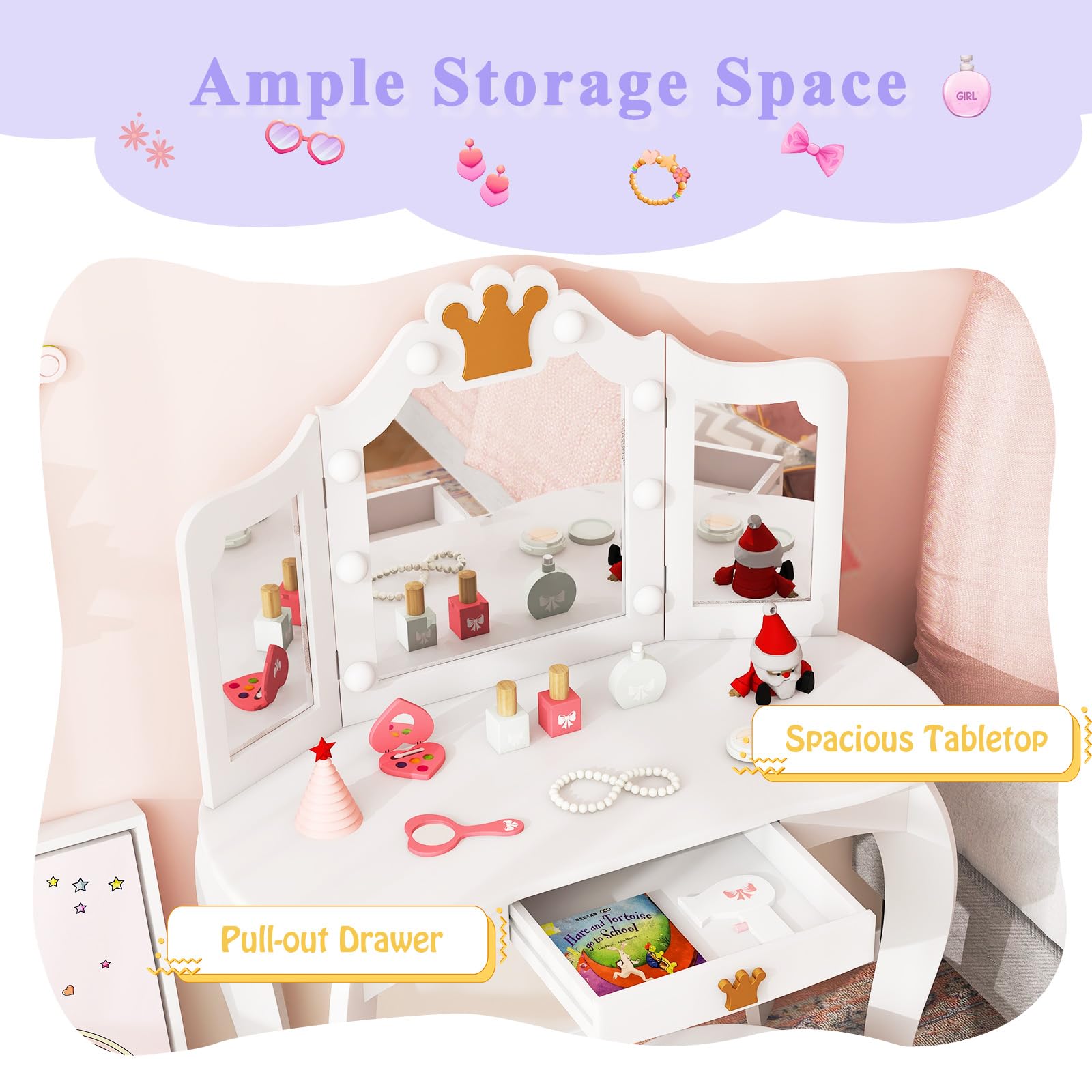 LIFEZEAL Juego de tocador Infantil, Mesa de Maquillaje con Taburete para niña, tocador con 8 Bombillas y Espejo Plegable, Set de Mesa y Silla con cajón
