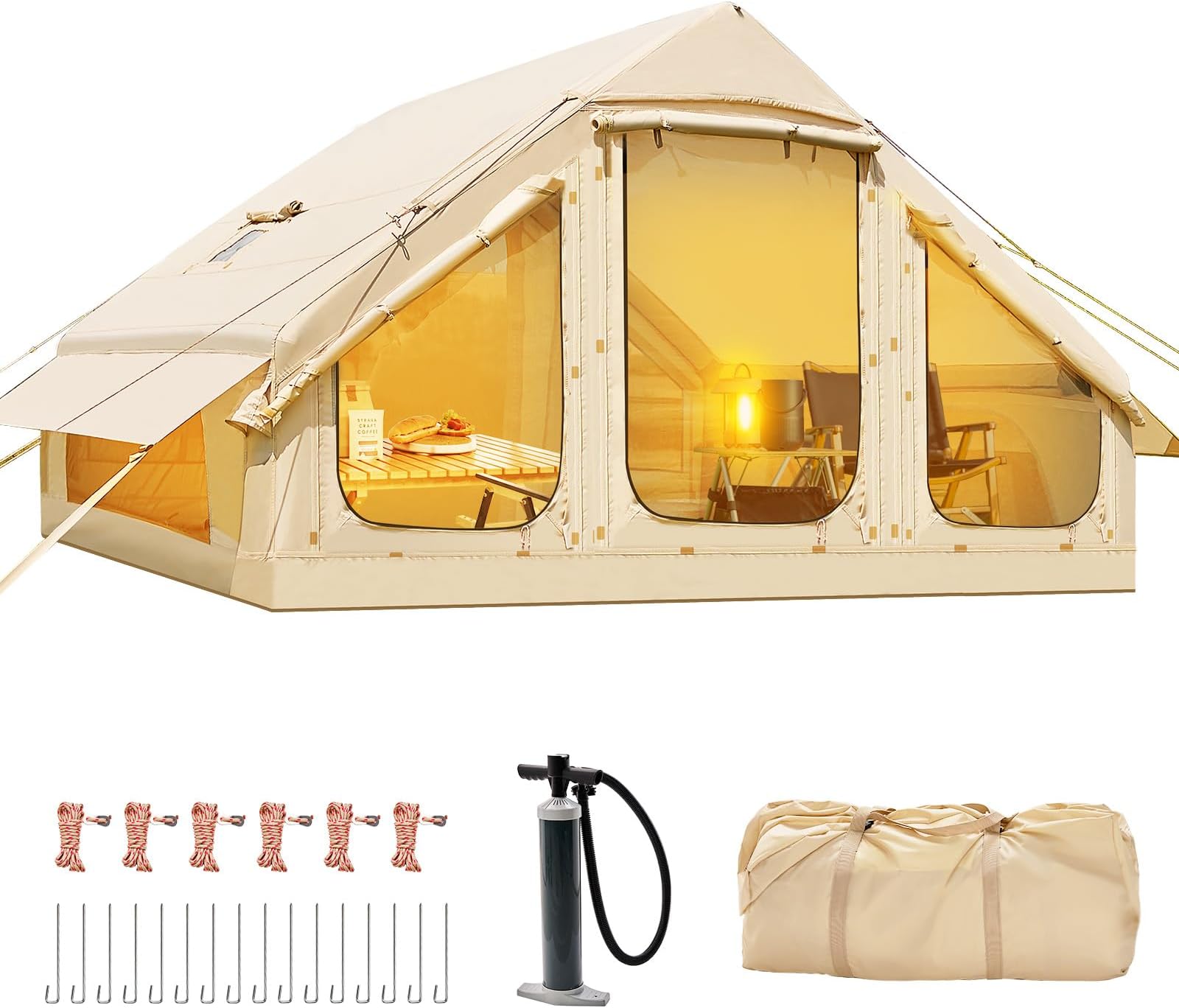 Inflatable Tent for Camping, Blow Up Tent with Hand Pump, Easy Setup, Inflatable Hot Tent with Stove Jack, Waterproof Oxford Air Glamping Tent, For Adult 4 Person Camping