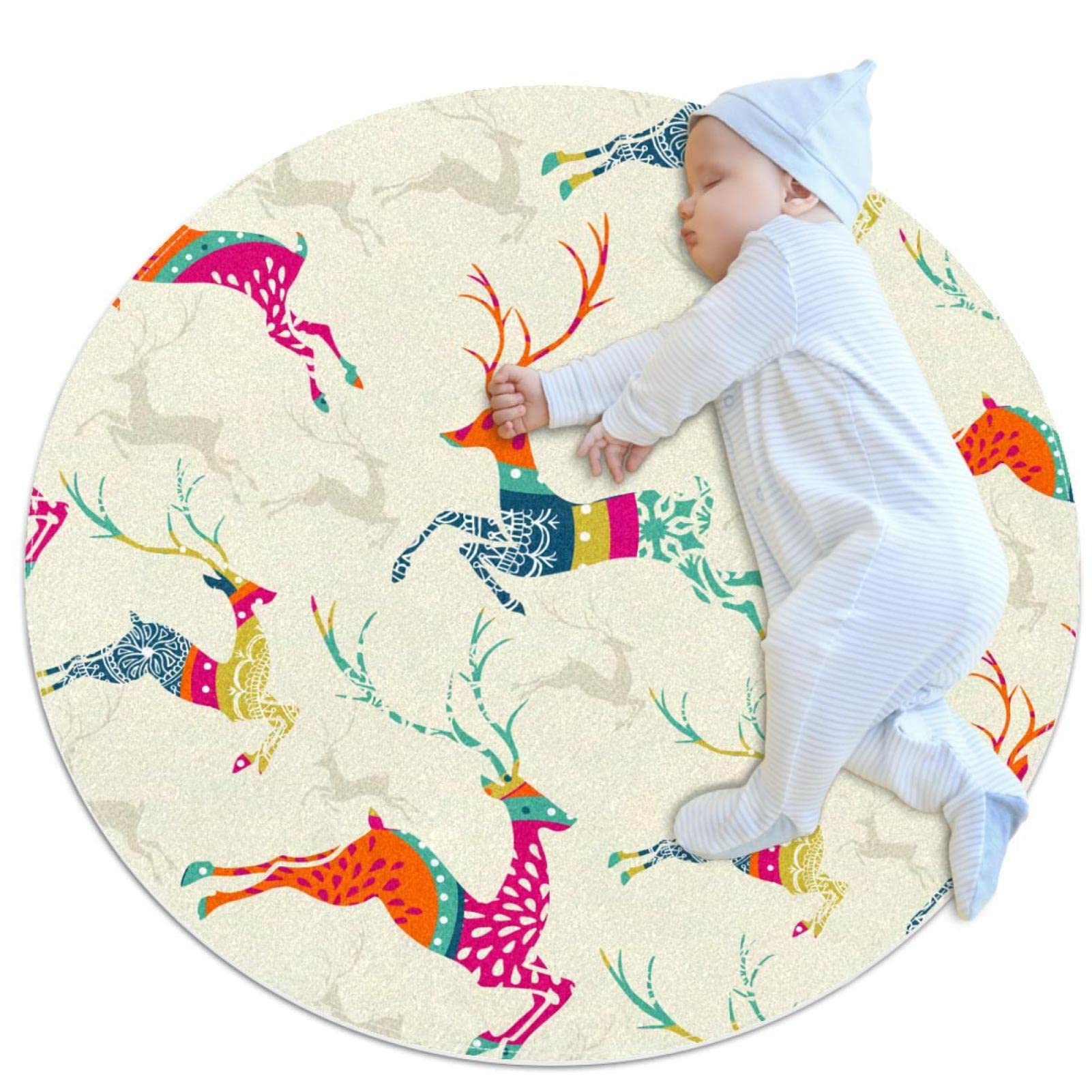 Tapis de jeu pour enfants rond antidérapant isolant thermique motif cerf